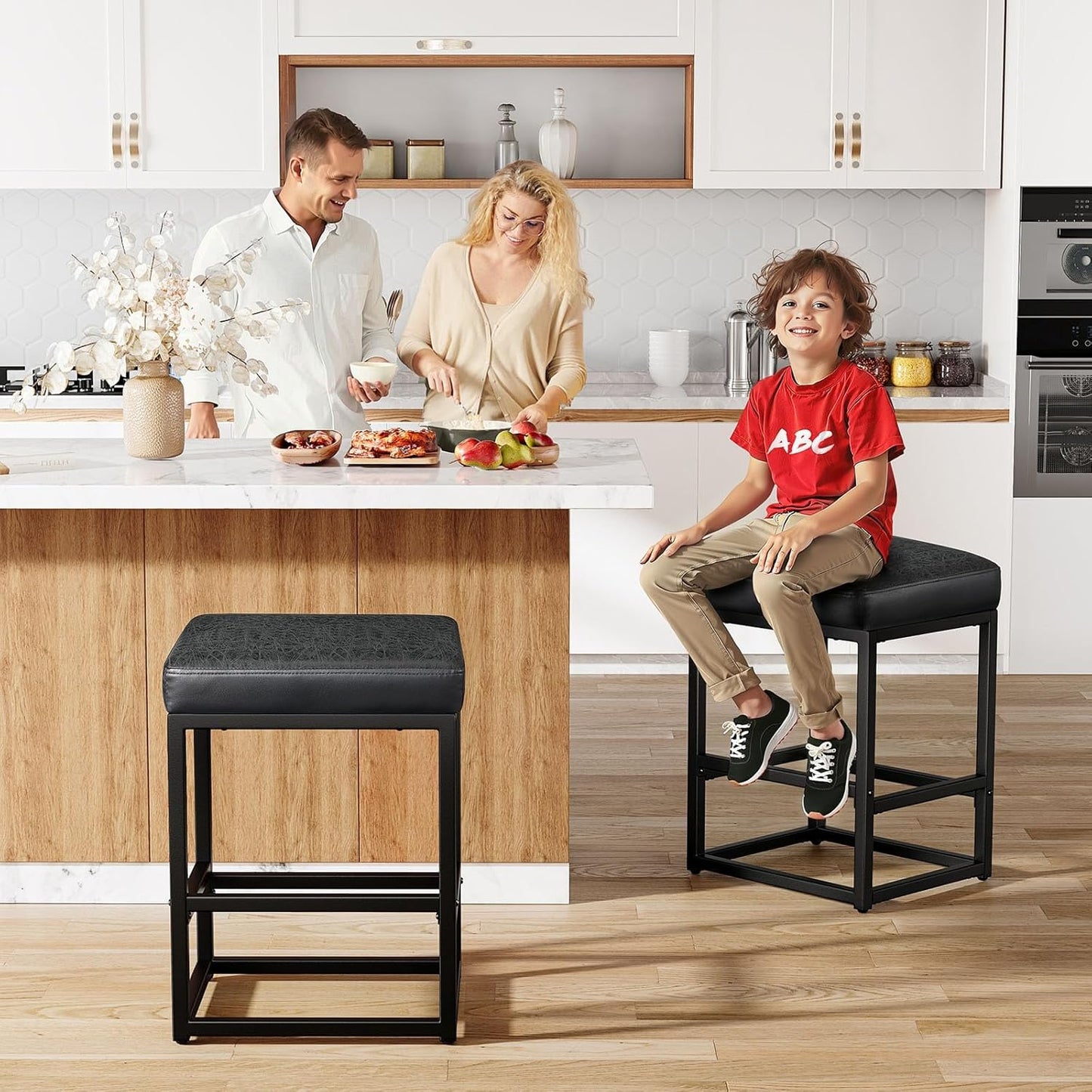 Counter Height Bar Stools Set of 3, 24" Barstools for Kitchen Countertop, Faux Leather Counter Stools with Thick Square Seats & Sturdy Metal Base, Simple Assembly, Black