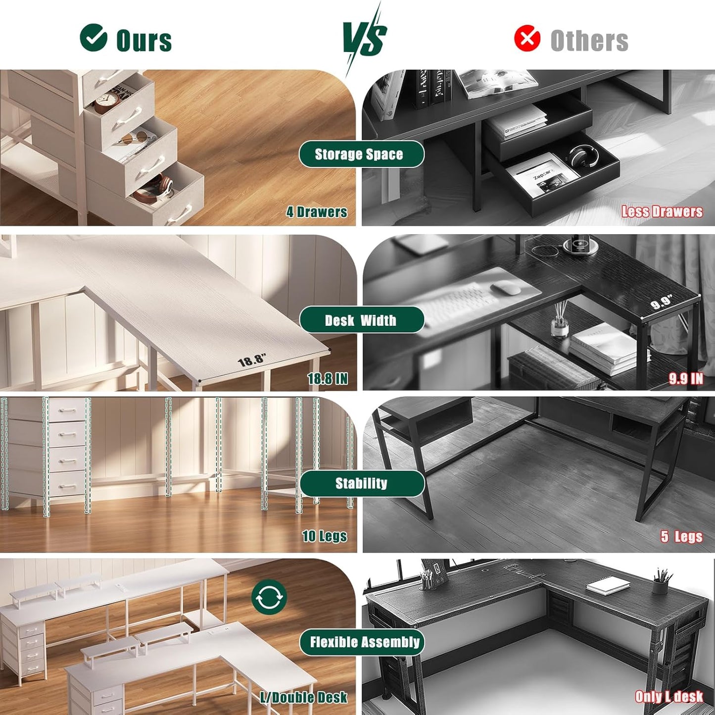 66" L Shaped Computer Desk, 94.4'' Home Office Desk with Power Outlets, 4 Adjustable Storage Drawers & 2 Monitor Stands, Large Two Person Gaming Table for Writing Study, White