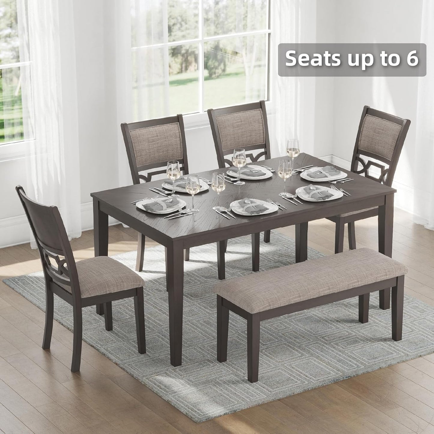 Signature Design by Ashley Wrenning Modern Diamond Patterned Dining Table with 4 Upholstered Chairs and Bench, Set of 6, Gray & Light Gray