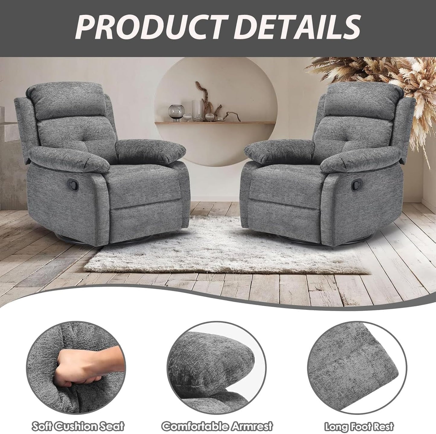 Swivel Rocker Recliner, 360 Swivel Small Recliners with 30 Degree, 90-150 Degree Angle, Lift Chair for Home Theater Seating, Adults, Living Room, Bedroom, Nursery, Limestone