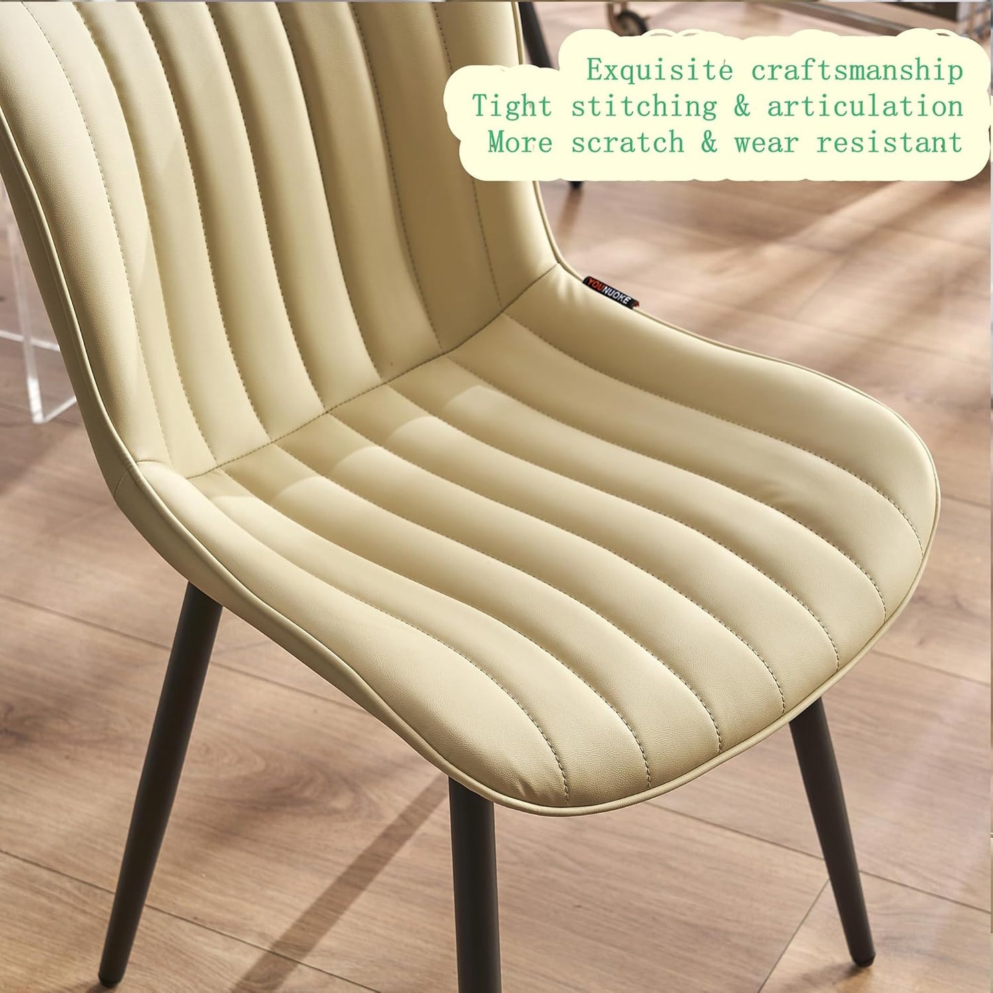 YOUNUOKE Mid-Century Modern Dining Chairs Set of 2, Beige PU Leather Upholstered Kitchen Chairs with Black Metal Legs, Armless Accent Chair for Dining Room, Guest Reception Room