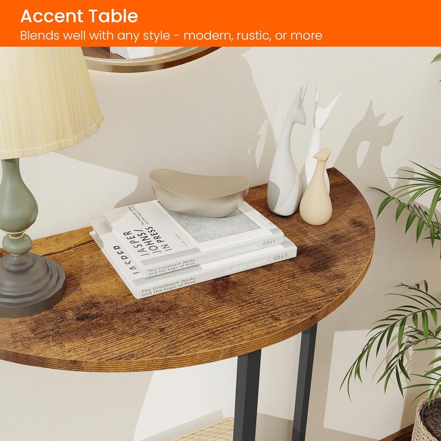 Homode Half Moon Table, Small Entryway Table, Half Round Entry Table, Narrow Half Circle Console Tables for Small Spaces, Hallway, Wood Front Entrance Tables, Rustic Brown and Black