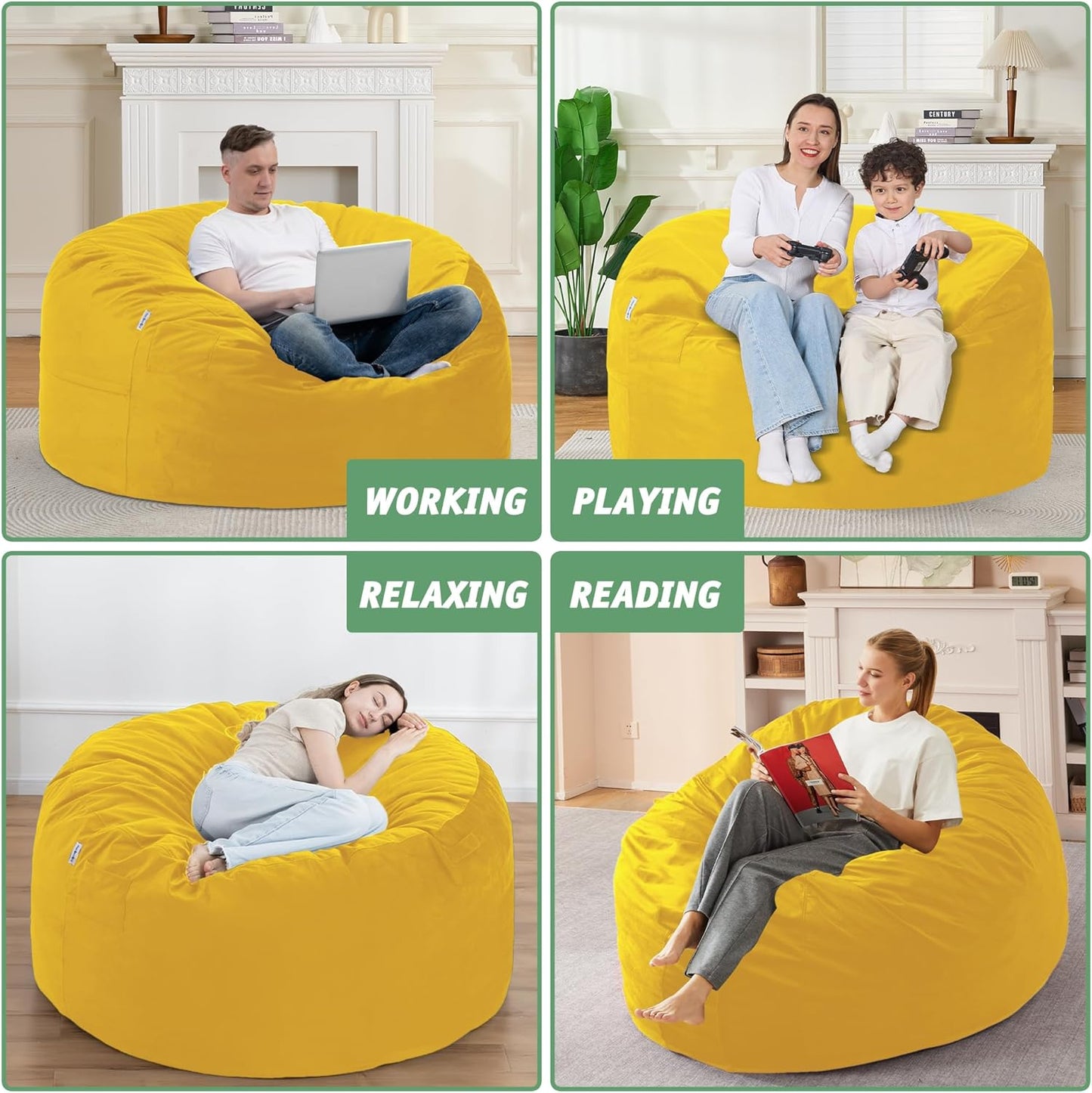 4FT Bean Bag Chair with Ultra Soft Velvet Cover Bean Bag Sofa with Memory Foam Bean Bag Chairs with Large Size Lazy Sofa for Dorm Office Living Room Bedroom Yellow 4'
