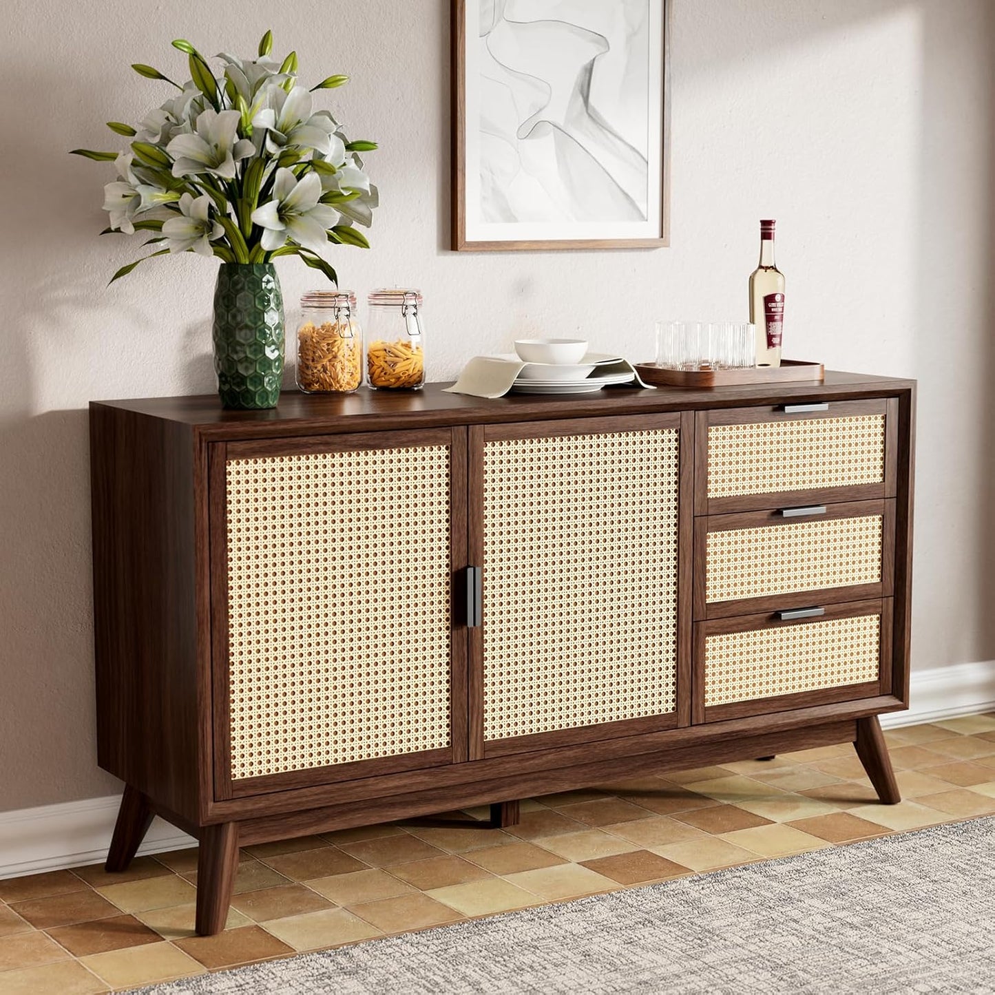 Bme Jasper Sideboard with 3 Drawers & 2 Rattan Doors, Buffet Cabinet with Storage for Dining Room, Living Room, Adjustable Shelves, Walnut