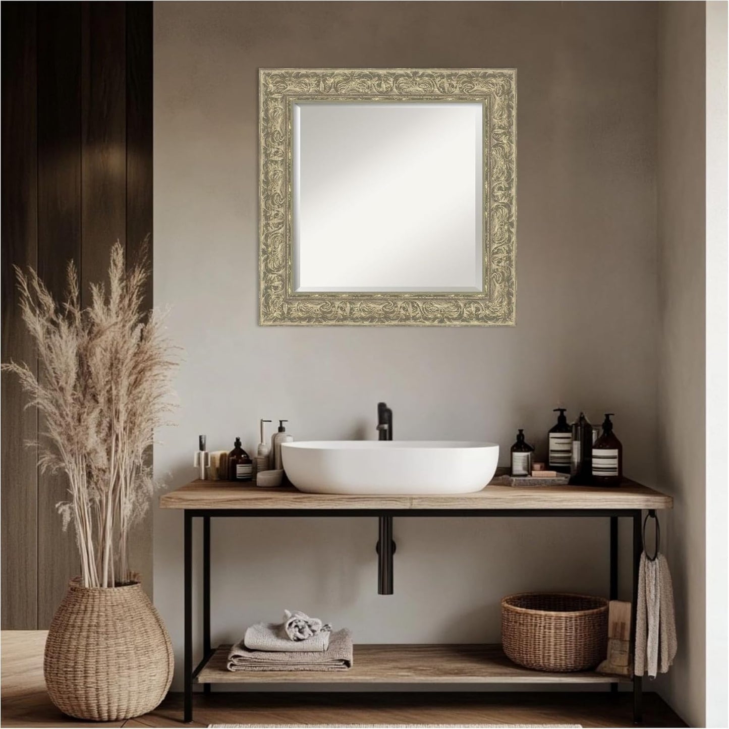 Amanti Art Silver Bathroom Mirror for Over Sink, 27x27 Luxe Antique Silver Square Vanity Mirror, Medium Traditional Frame, Hangs Horizonally and Vertically, Bathroom Wall Decor, Beveled Edge