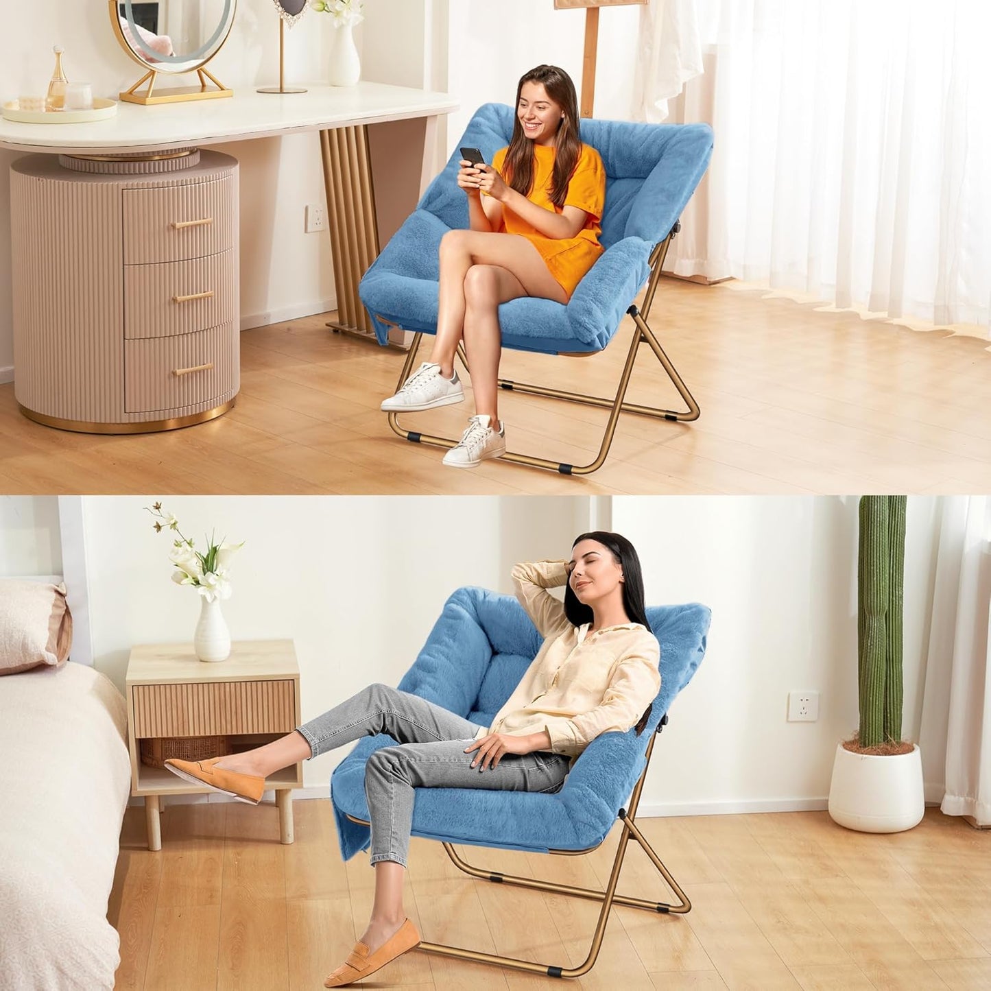 Comfy Saucer Chair for Adults, Foldable Living Room Chairs, Soft Faux Fur Lounge Chair for Bedroom, Reading Chairs, X-Large (Ottoman-Blue)