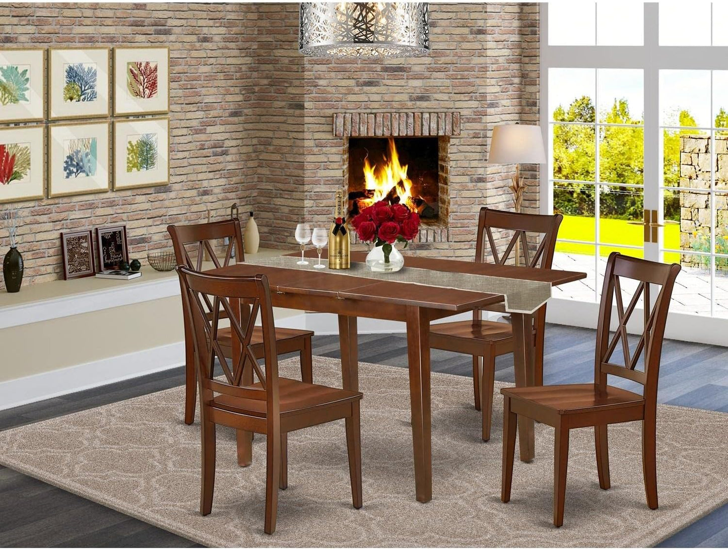 East West Furniture PSCL5-MAH-W 5 Piece Dining Room Table Set Includes a Rectangle Kitchen Table with Butterfly Leaf and 4 Dining Chairs, 32x60 Inch, Mahogany