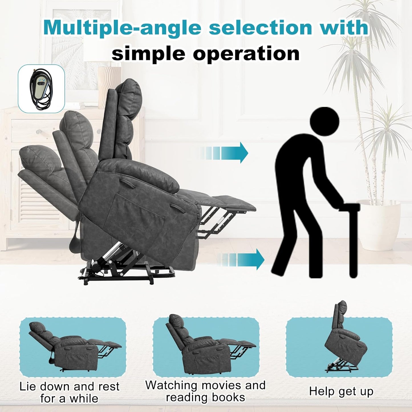 Recliner Chair Power Lift Massage Chair Full Body 21" Large Size Electric Recliner with 8 Point Vibration Massage and Lumber Heat, Remote Control, Side Pockets and Cup Holders, Grey