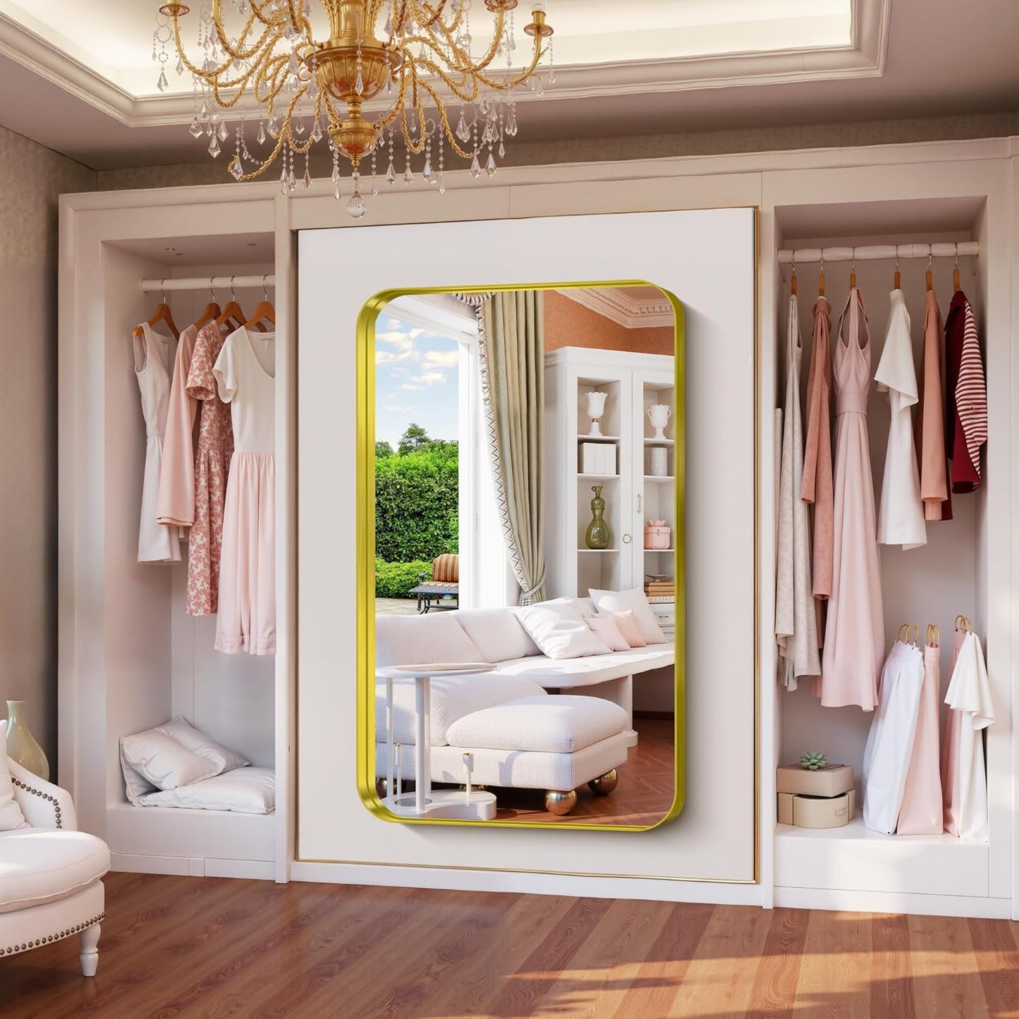 FORBATH 60x36 Inch Large Bathroom Mirror for Double Sinks, Brushed Gold Deep Frame Wall Mirror with Rounded Corners, Anti-Rust Tempered Glass for Modern Farmhouse Vanity (Horizontal/Vertical)