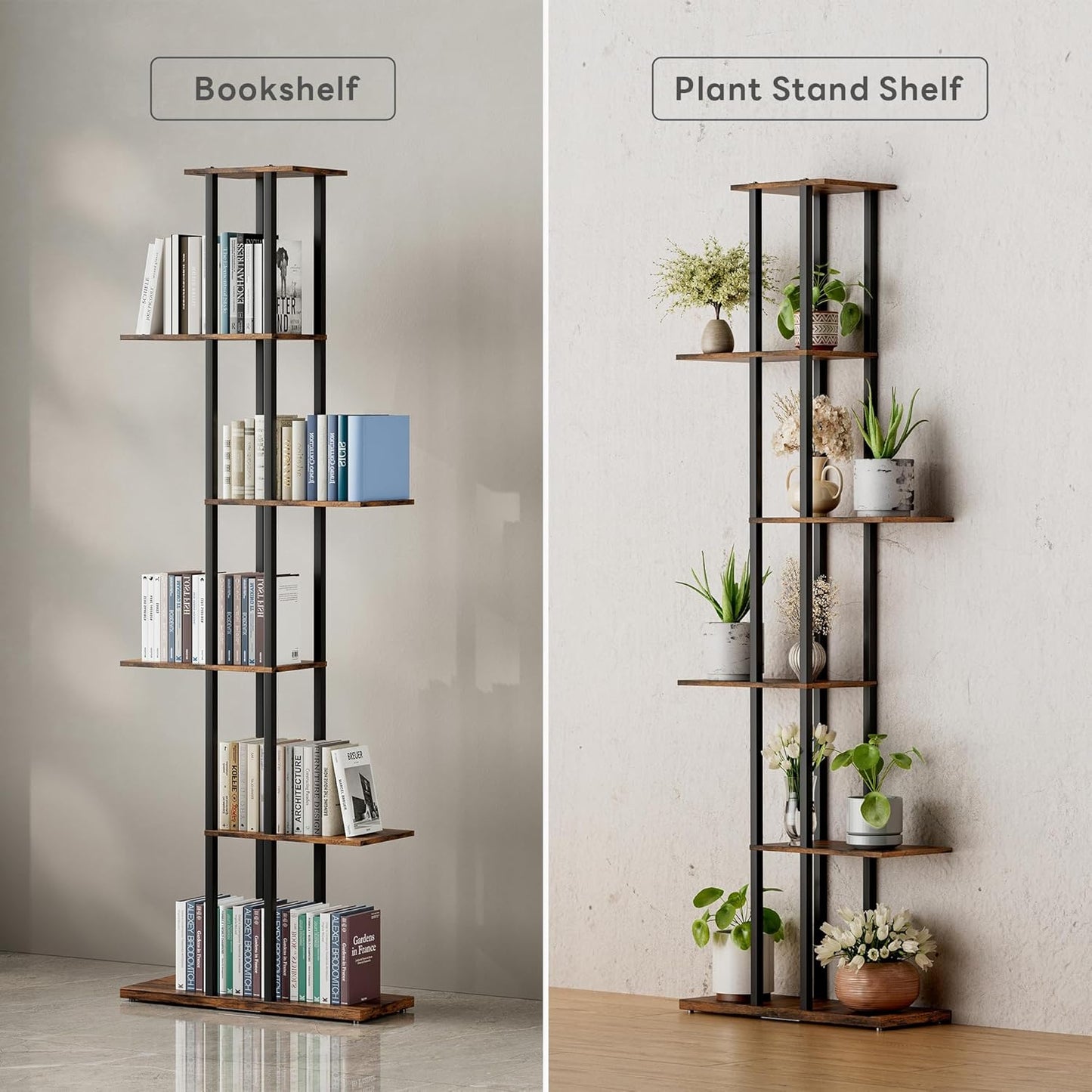 Bookshelf,Small Bookcase for Small Space,6-Tier Bookshelf for Living Room, Home Office, Study,9.45 x 20.8 x 62.2 Inches,Rustic Borwn