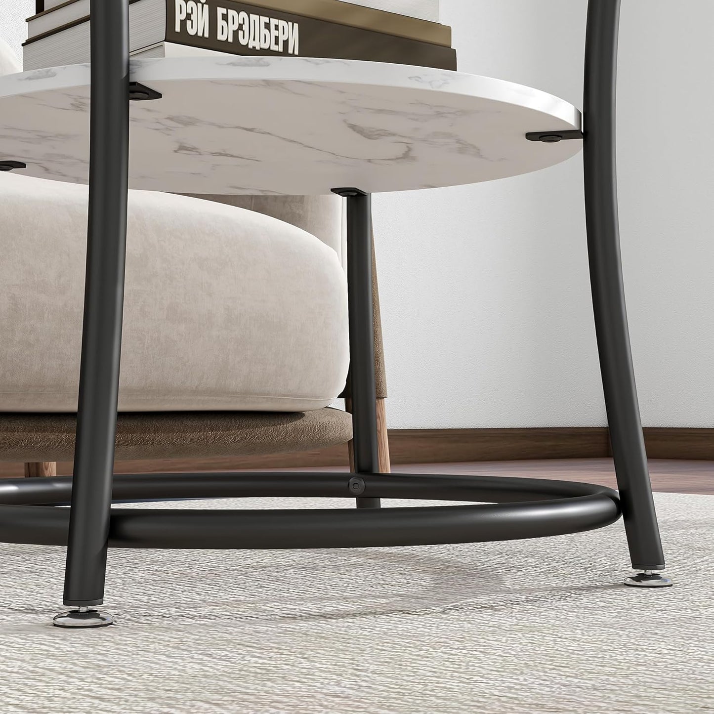 BOFENG Round Coffee Table Side Table,Round End Table with 2 Storage Shelves for Living Room, Bedroom,Small Space,Coffee Table Nightstand with Sturdy Metal Frame,Easy Assembly,White