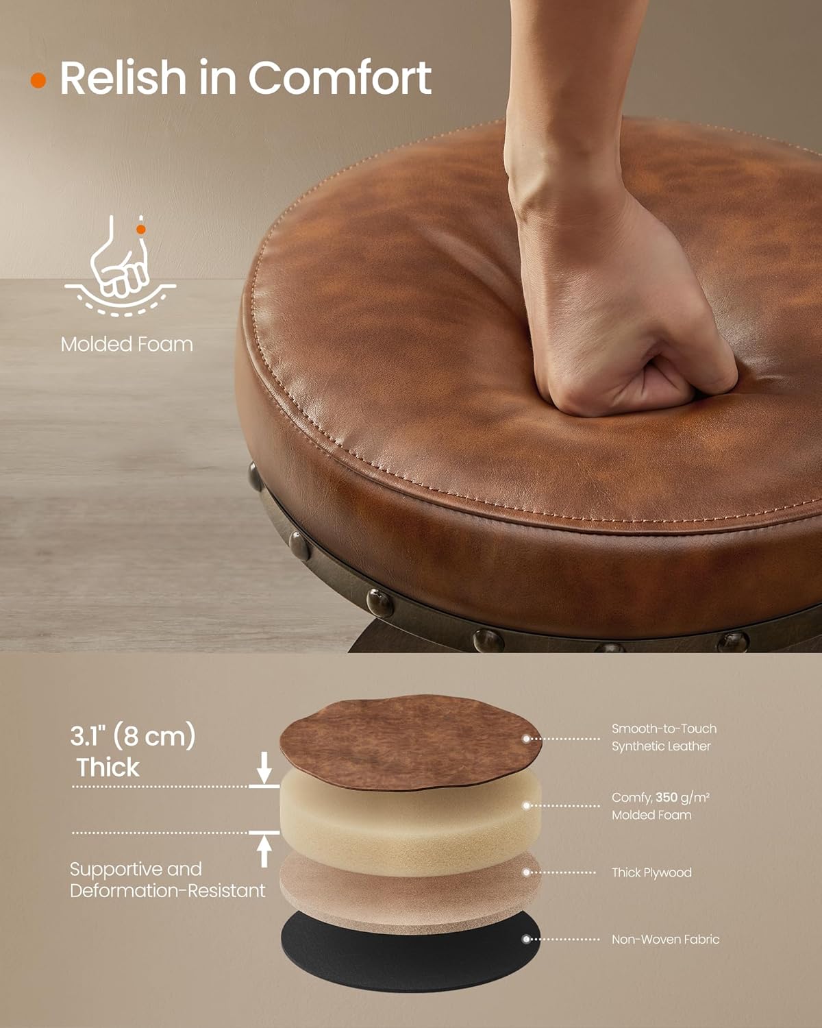 SONGMICS HOME Bar Stools, Set of 2, Steampunk Counter Stool for Kitchen, Adjustable Height and Swivel Padded Seat, Workbench Stool, 16.5 x 19.3 x 24.6-29.3 Inches, Caramel Brown ULJB096K01