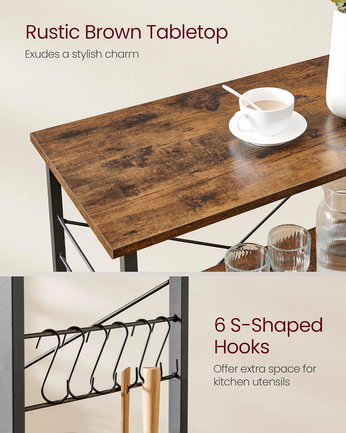 VASAGLE Kitchen Shelf on Wheels, Serving Cart with 3 Shelves, Kitchen Cart, Microwave Shelf, for Mini Oven, Toaster, with 6 Hooks, Industrial Style, Rustic Brown and Black UKKS067K01