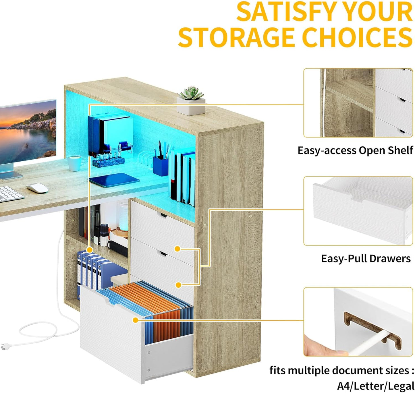 DWVO L Shaped Desk with Drawers, 55" Corner Computer Desk with Bookshelf & Power Outlets & LED Lights, Home Office Desk with Storage Shelves, Oak & White