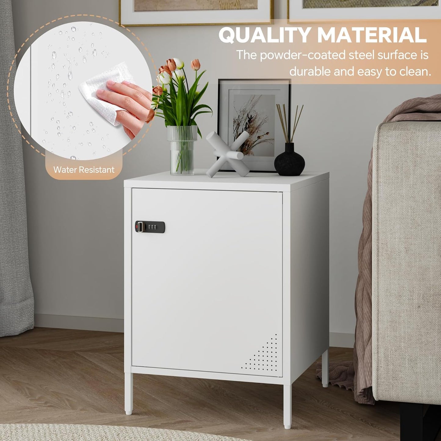 Metal Locker End Table Single Door Nightstand Lockable Bedside Table Storage Cabinet for Bedroom, Dorm, 21.26”H X 15.75”W X 15.75”D (1 Door, White)