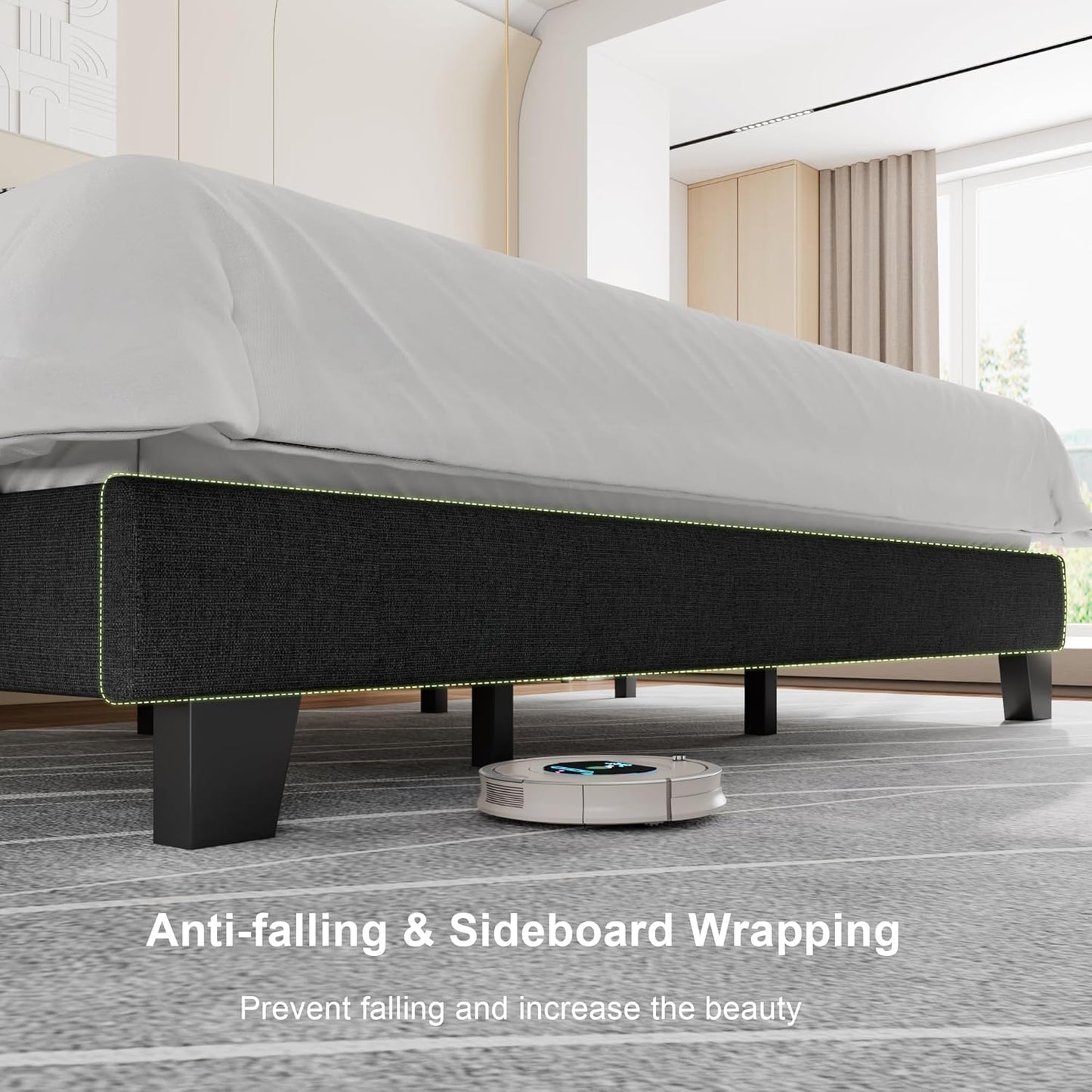 Feonase King Size Platform Bed Frame, Upholstered Bed with Button Tufted Headboard, Heavy Duty Wooden Slats & Thickened Feet, No Box Spring Needed, Noise-Free, Easy Assembly, Dark Grey