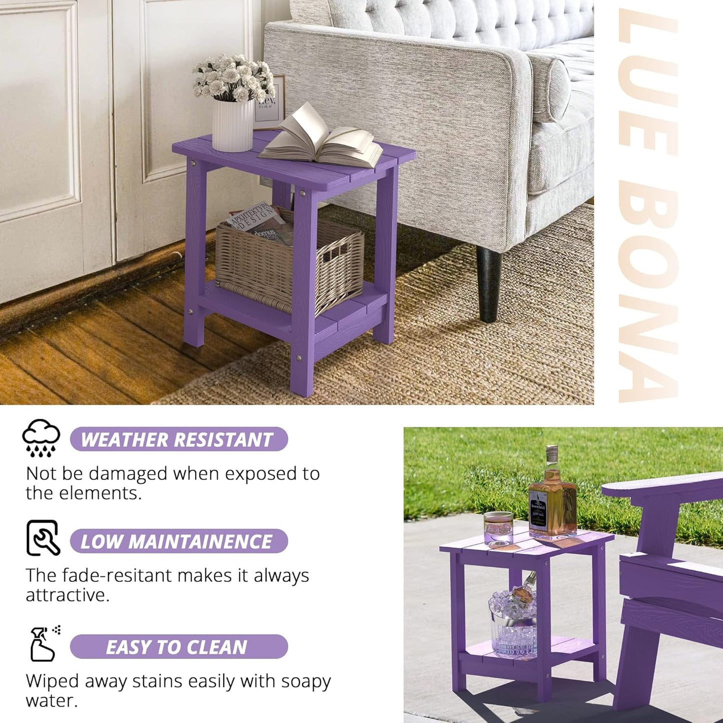 LUE BONA Adirondack Outdoor Side Table, 2-Tier Purple HDPS Patio End Table Weather Resistant, Morden Side Table for Patio, Pool, Porch