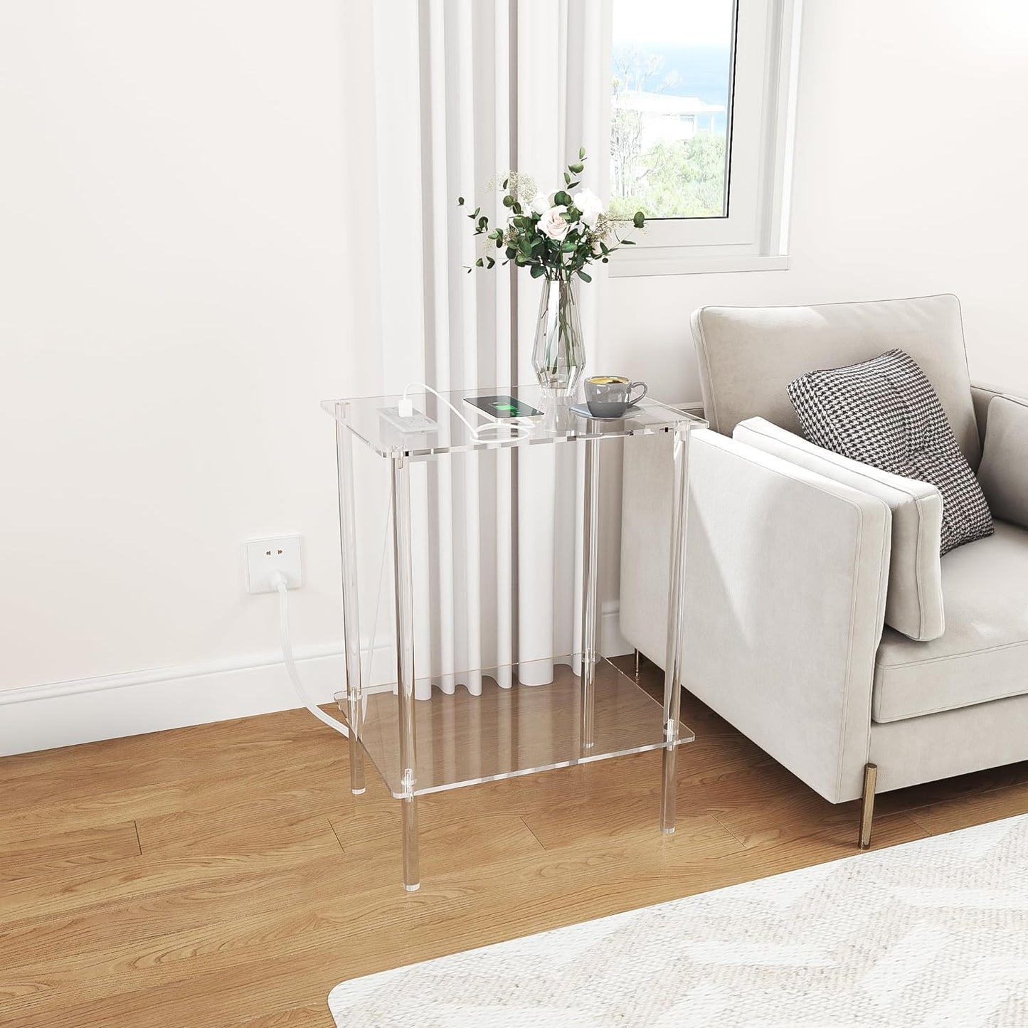 Eglaf Acrylic Side Table Set of 2 with Charging Station & USB Ports - Small End Table - Nightstand Bedside Table for Living Room, Bedroom - 15.7'' L x 11.8'' W x 21.7'' H, 2 Tier