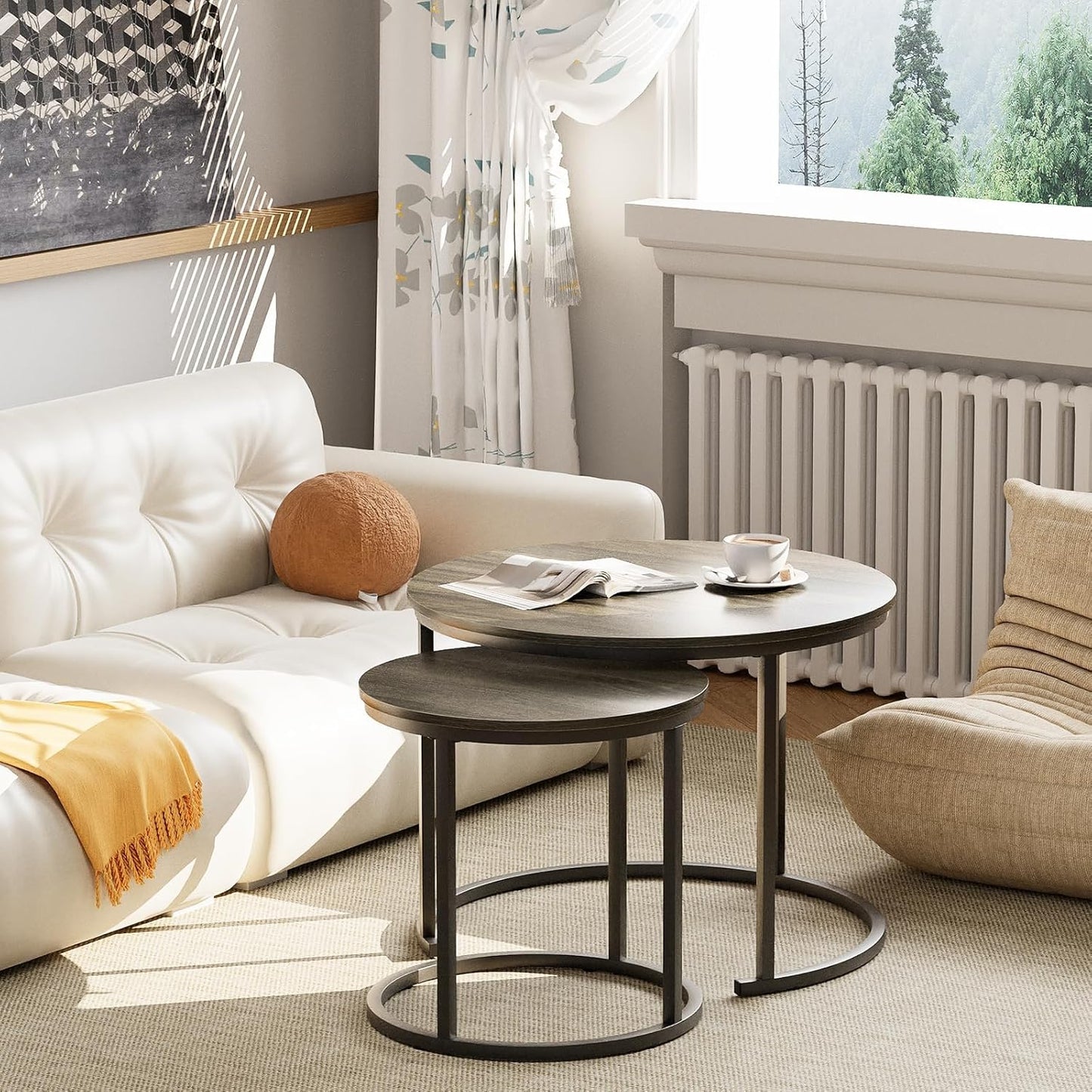 Garden 4 you Nesting Coffee Table, 23.6" Round Coffee Table Set of 2, Wooden Nesting Table Set with Metal Frame, Side Tables for Living Room Bedroom Balcony, Grey