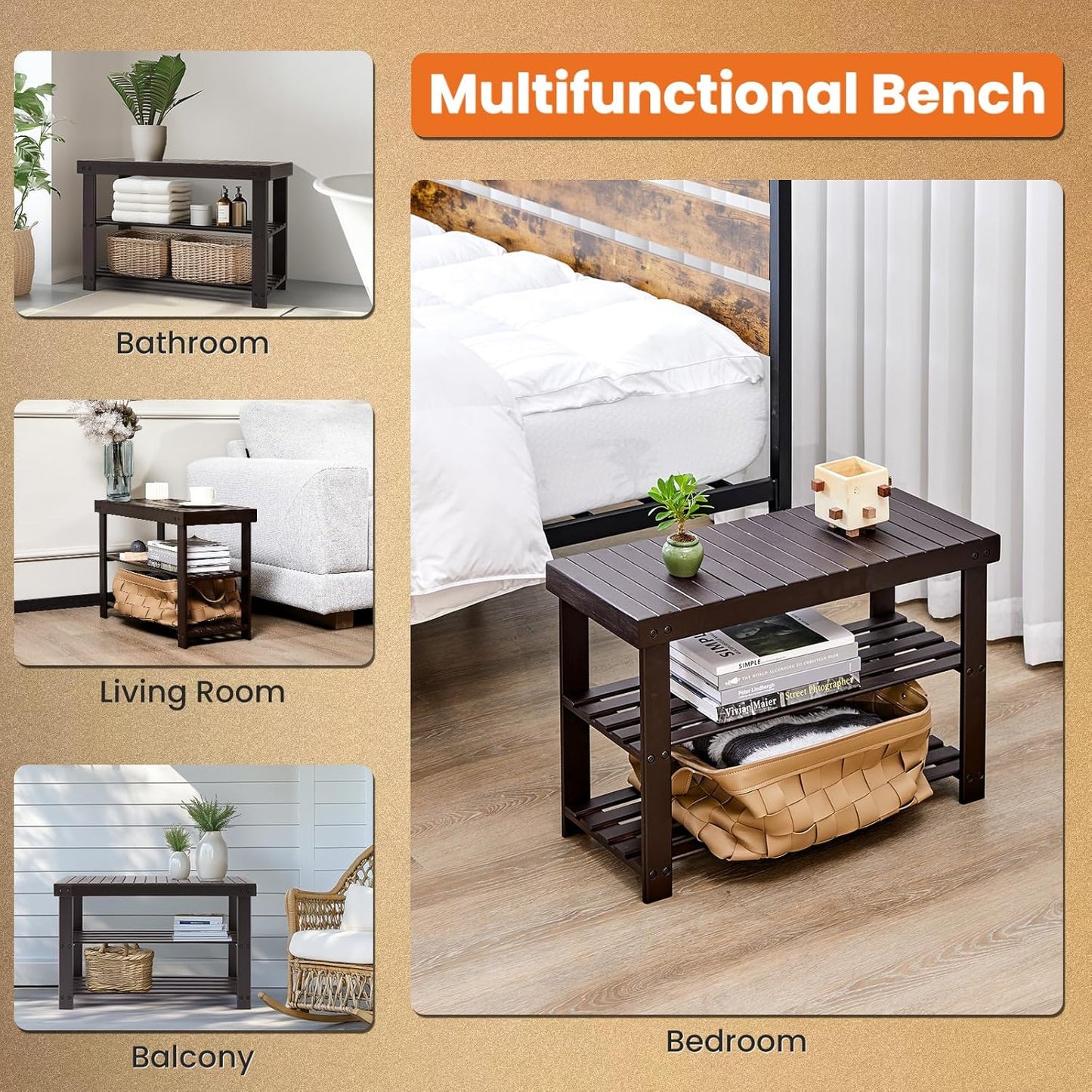 Sweetcrispy Shoe Rack Bench, 3-Tier Bamboo Entryway Storage Organizer, 286lb Capacity, Shoes Stand for FrontDoor Entrance, Bedroom, Living Room, Bathroom, Balcony, 11.3 x 27.6 x 17.8 Inches, Brown