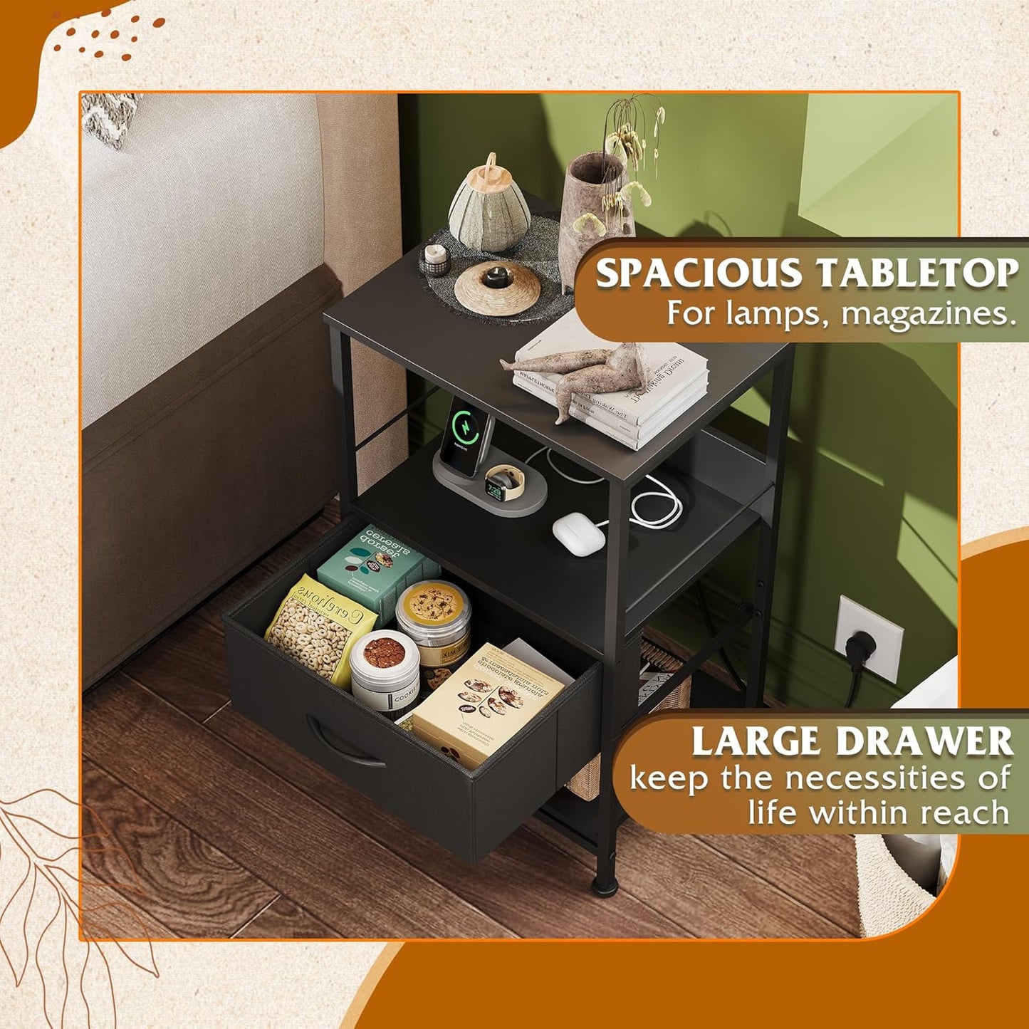 WLIVE Night Stand with Charging Station, LED Nightstand with Adjustable Fabric Drawer, 3-Tier Storage Bedside Table, Small End Side Tables for Bedroom, Black