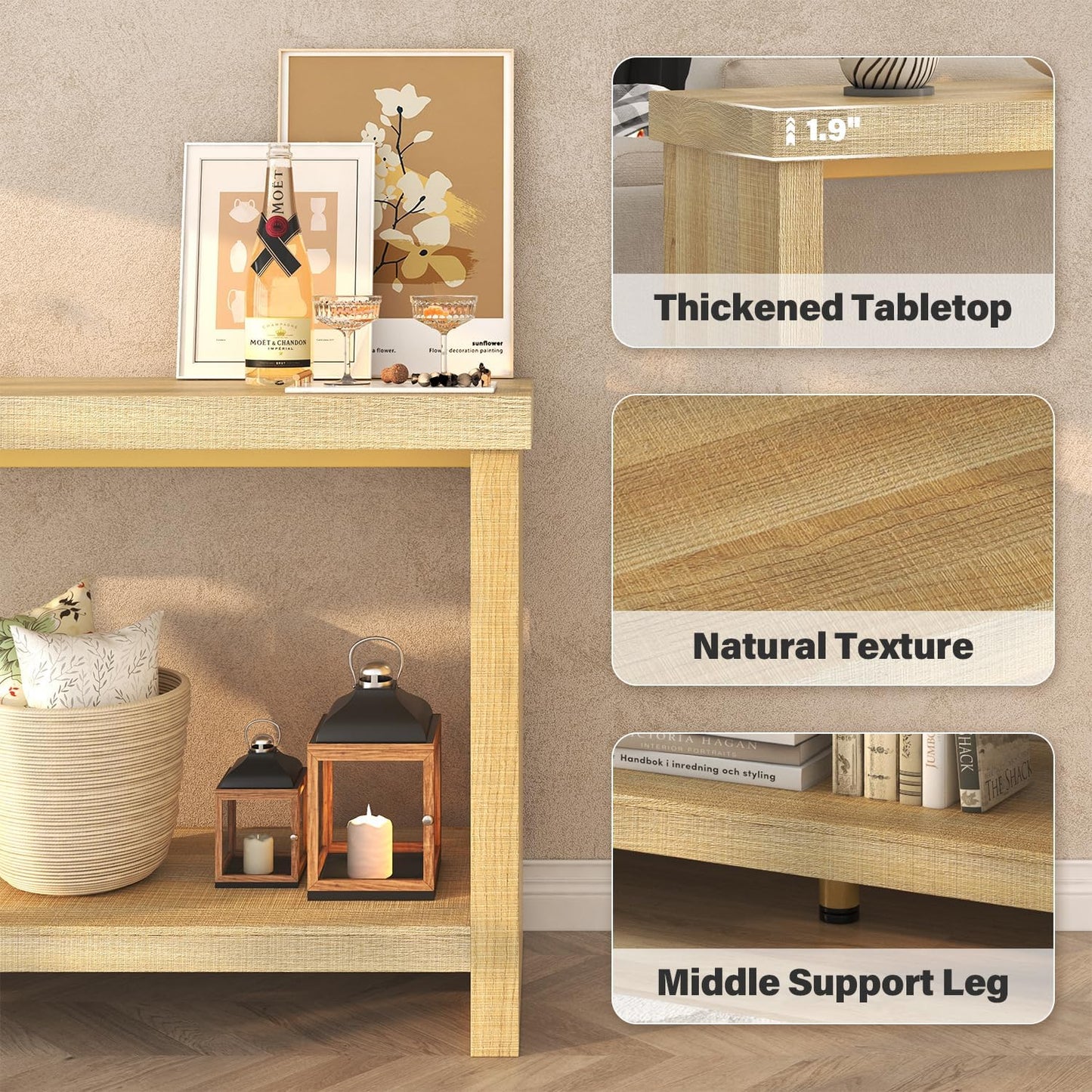 63 Inches Narrow Console Table, 2-Tier Long Sofa Tables Behind Couch Table, Farmhouse Foyer Tables for Entryway, Hallway, Living Room, Oak Natural