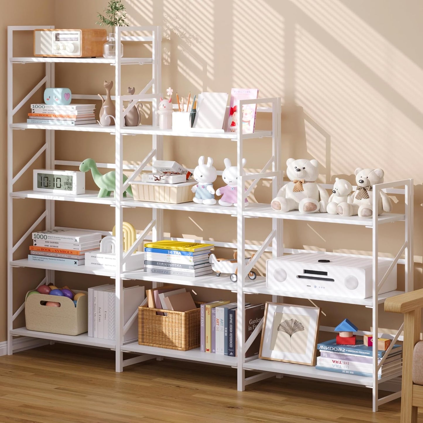 JSB No Assembly Folding Bookshelf, 5 Tier Industrial Metal Book Shelf for Storage, Vintage Wood Foldable Bookcase for Living Room, Bedroom, Office Organization Shelves