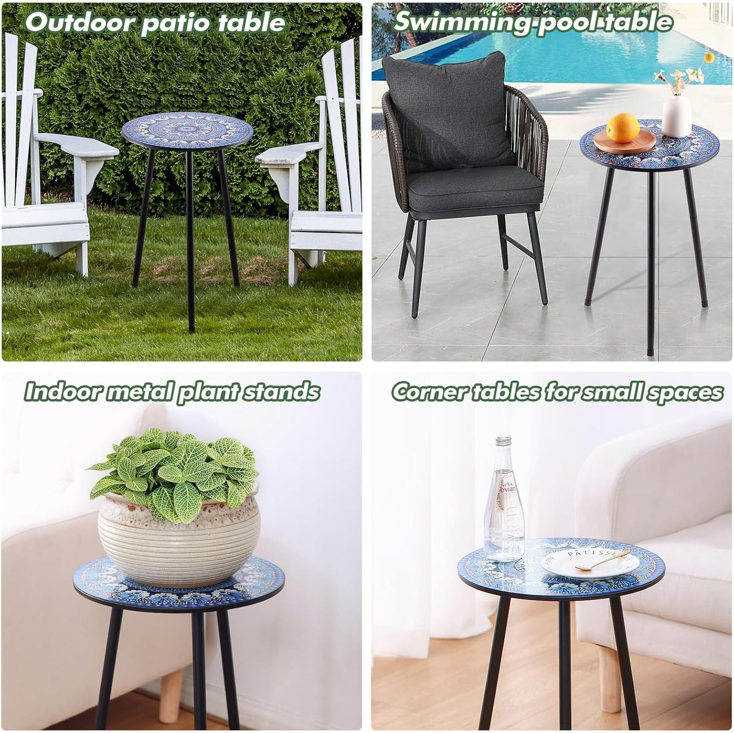 2 Packs Metal Mosaic Round Side Table 13.4" Small Outdoor Patio Round Accent Coffee Tables Indoor Corner Stand for Small Spaces Weather-Resistant for Balcony Plant Stand