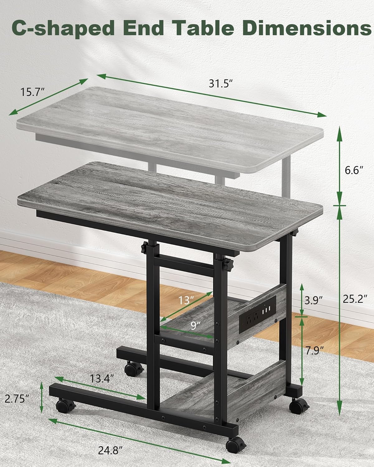 C Shaped End Table Height Adjustable - Couch Side Table with Charging Station, TV Tray with Wheels Slide Under Sofa for Wall Shelf with Hooks for Bedroom, Bathroom, Living Room, Grey