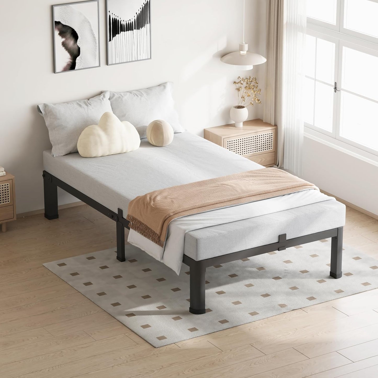 10 Inch Twin Size Bed Frame, 3500Lbs Heavy Duty Metal Platform with Round Corner Legs Mattress Slide Stopper, Steel Slat Support No Box Spring Needed, Noise Free, Non-Slip, Easy Assembly