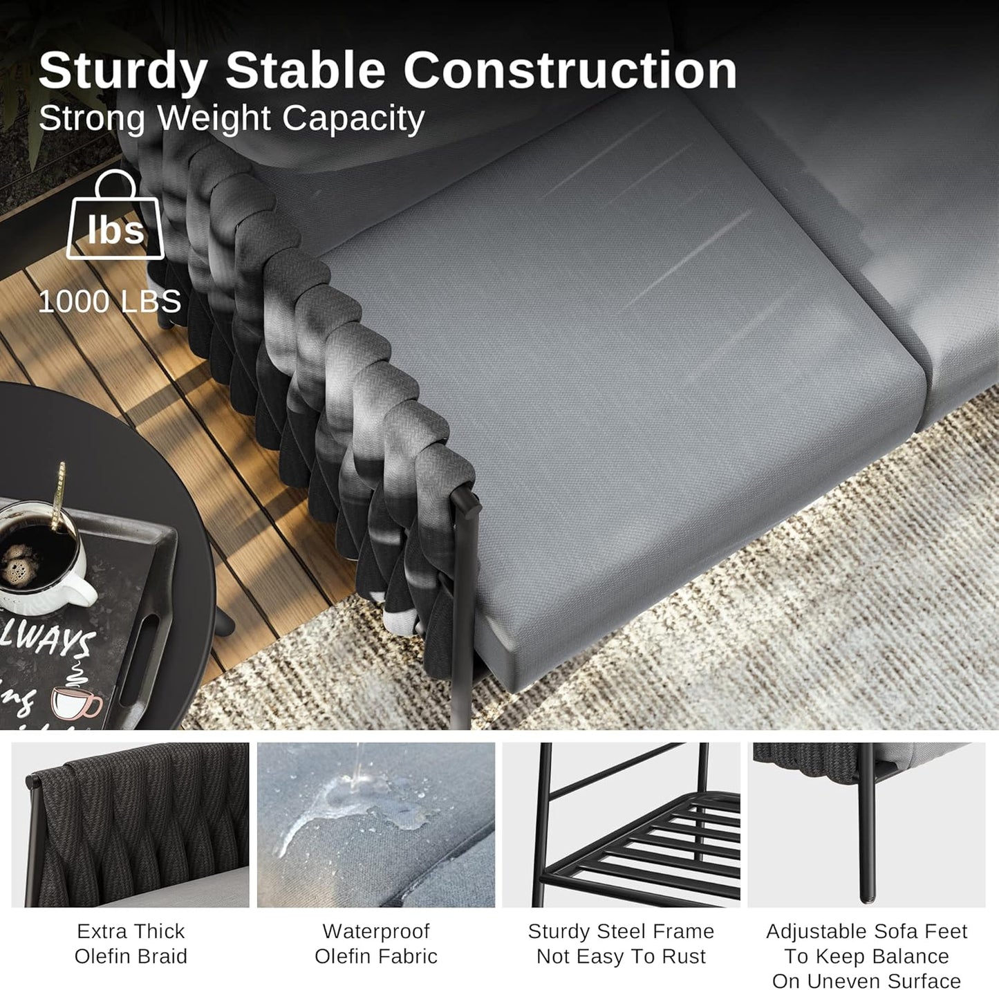 EAST OAK Life Chatter Patio Furniture Set, Outdoor Furniture Corner Sofa Set with Round Coffee Table, 5 Seats Sofa Deep Seating with Thick & Washable Cushions, Earth Black & Misty Grey