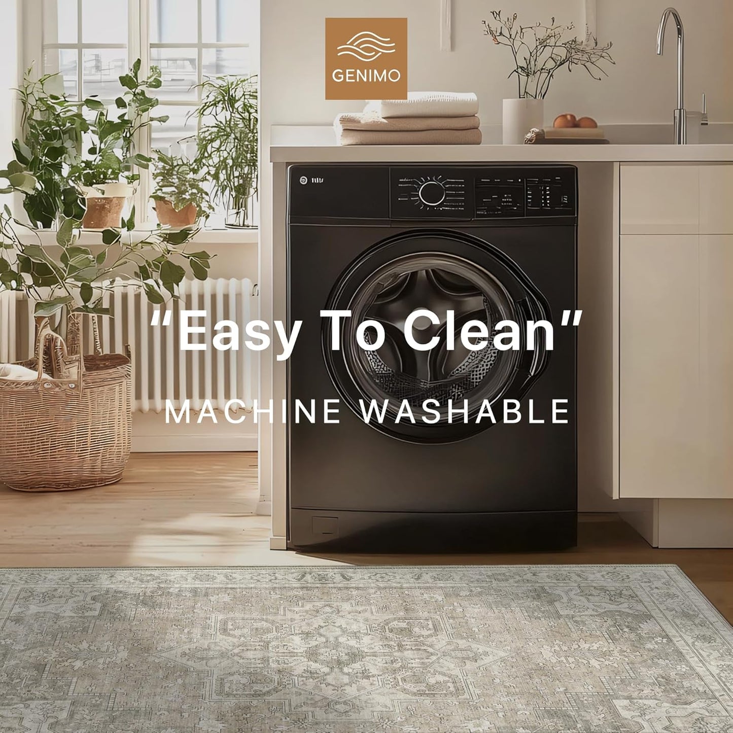 GENIMO 10x14 Area Rugs for Living Room, Machine Washable Non Slip Vintage Rugs, Low Pile Lightweight Chenille Print Rug for Bedroom, Dining Room, Home Office, Trench