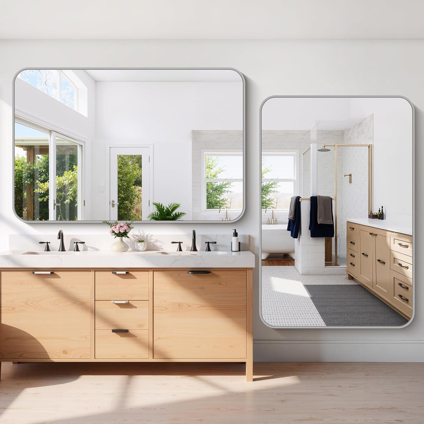 60x40 Inch Silver Bathroom Mirror, Large Rectangle Mirror, Metal Framed Rectangular Vanity Mirror, Rounded Corner Wall Mounted Mirror for Living Room Bedroom Entryway Horizontal or Vertical