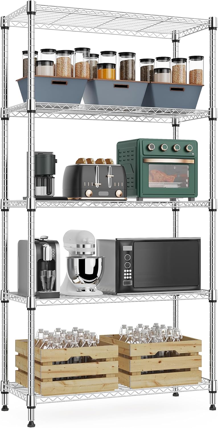 1250 lbs 5 Tier Shelf Metal Storage Shelves Wire Rack Closet Organizers with Wheel for Garage Kitchen Bathroom Laundry Chrome 13.7" D x 23.6" W x 62.4" H