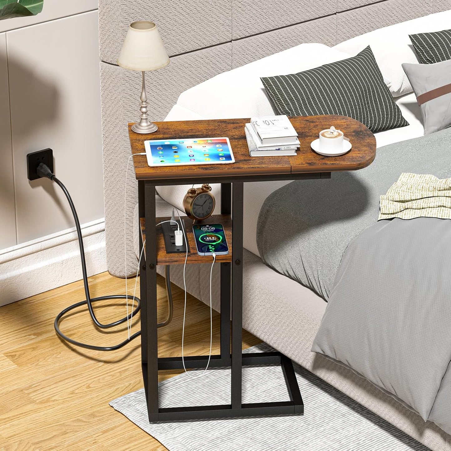 C Shaped End Table with Charging Station, Side Table for Living Room & Bedroom, Couch Laptop Table with USB Ports & Type-C Fast Charging Port, Snack Tray Table for Couch & Bed