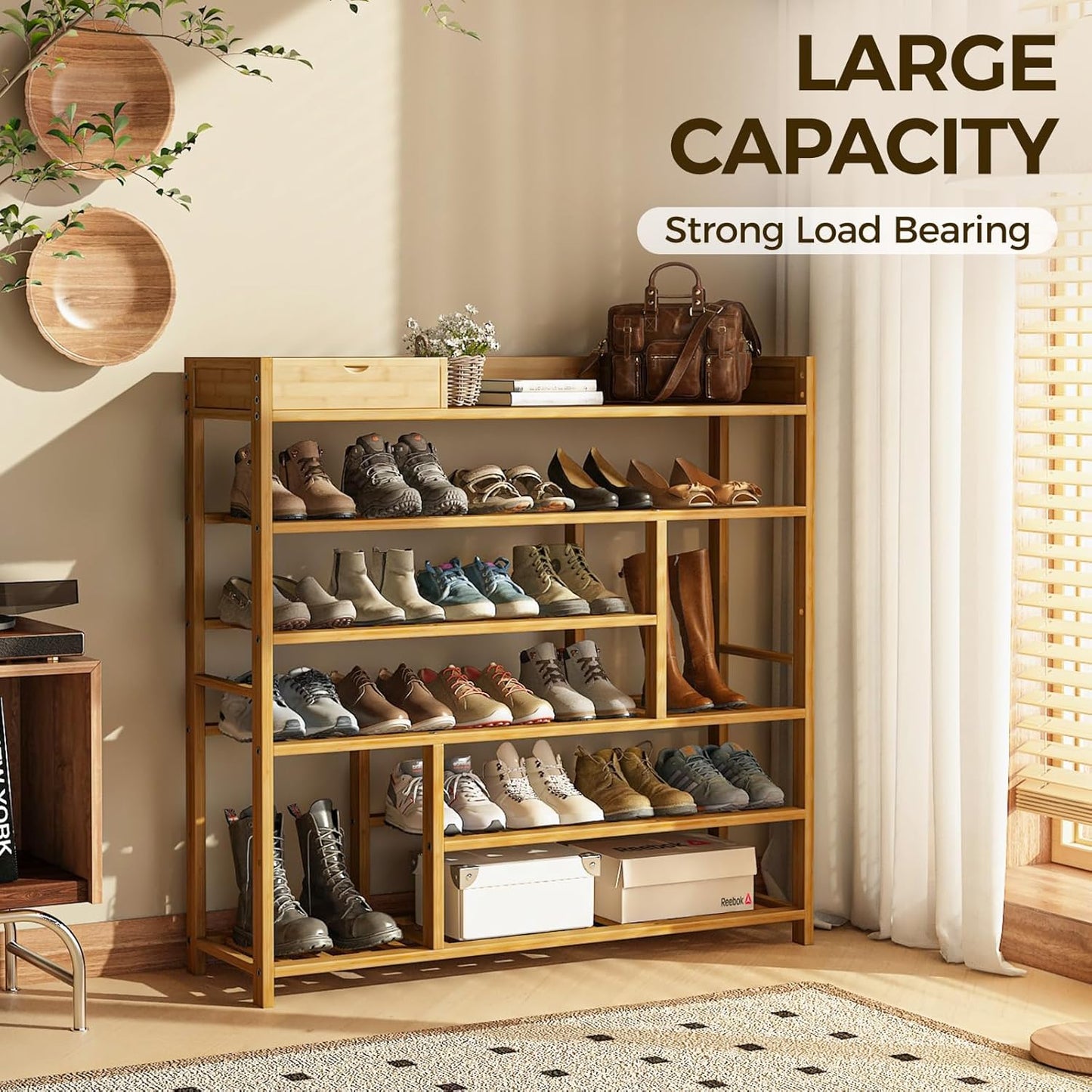 Bamworld Shoe Rack for Front Door Entrance Bamboo Shoe Organizer with Storage Box Free Standing Shoe Cabinet Shoe Storage Shelf for entryway, Closet and Doorway (Natural)