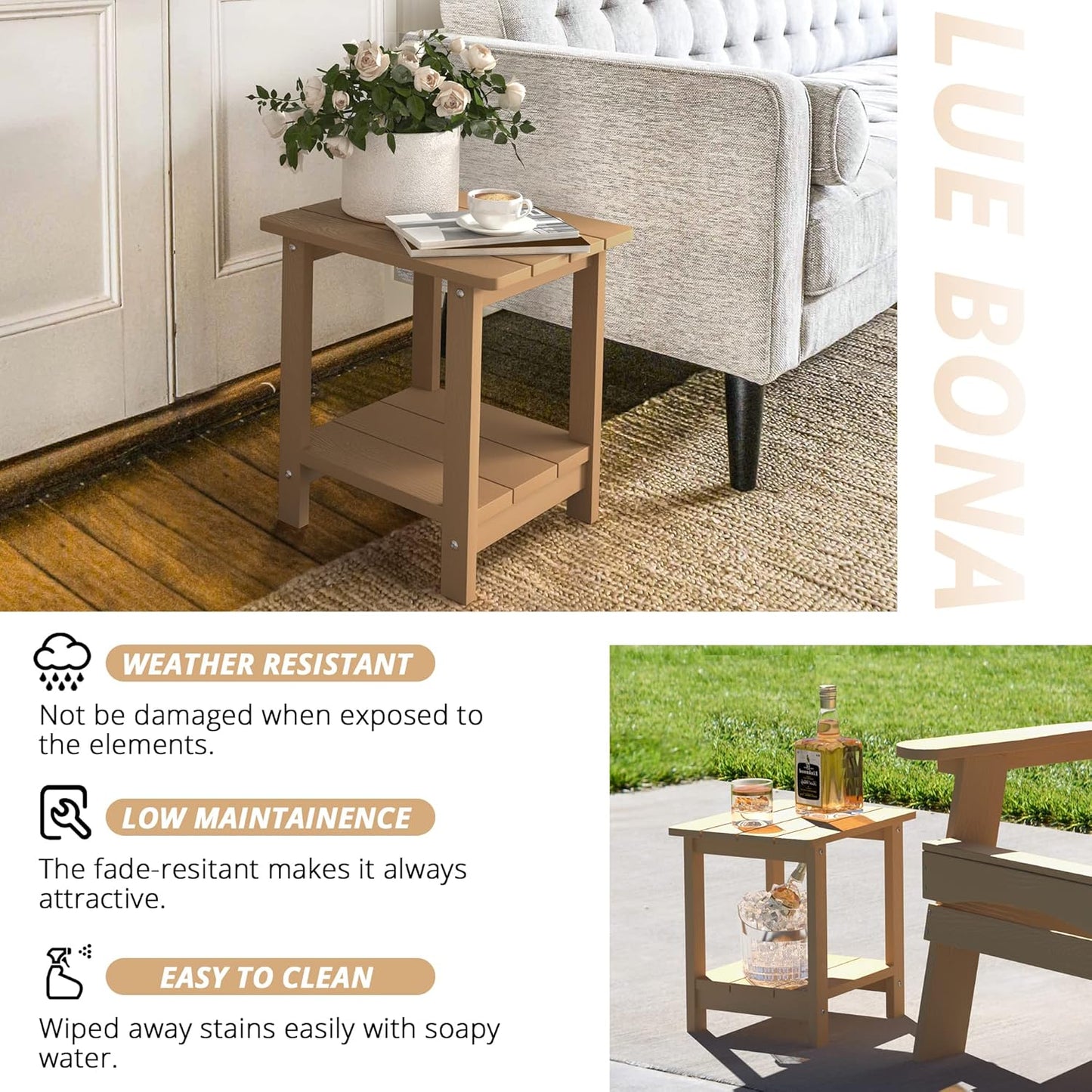 LUE BONA Adirondack Outdoor Side Table, 2-Tier Brown HDPS Patio End Table Weather Resistant, Morden Side Table for Patio, Pool, Porch