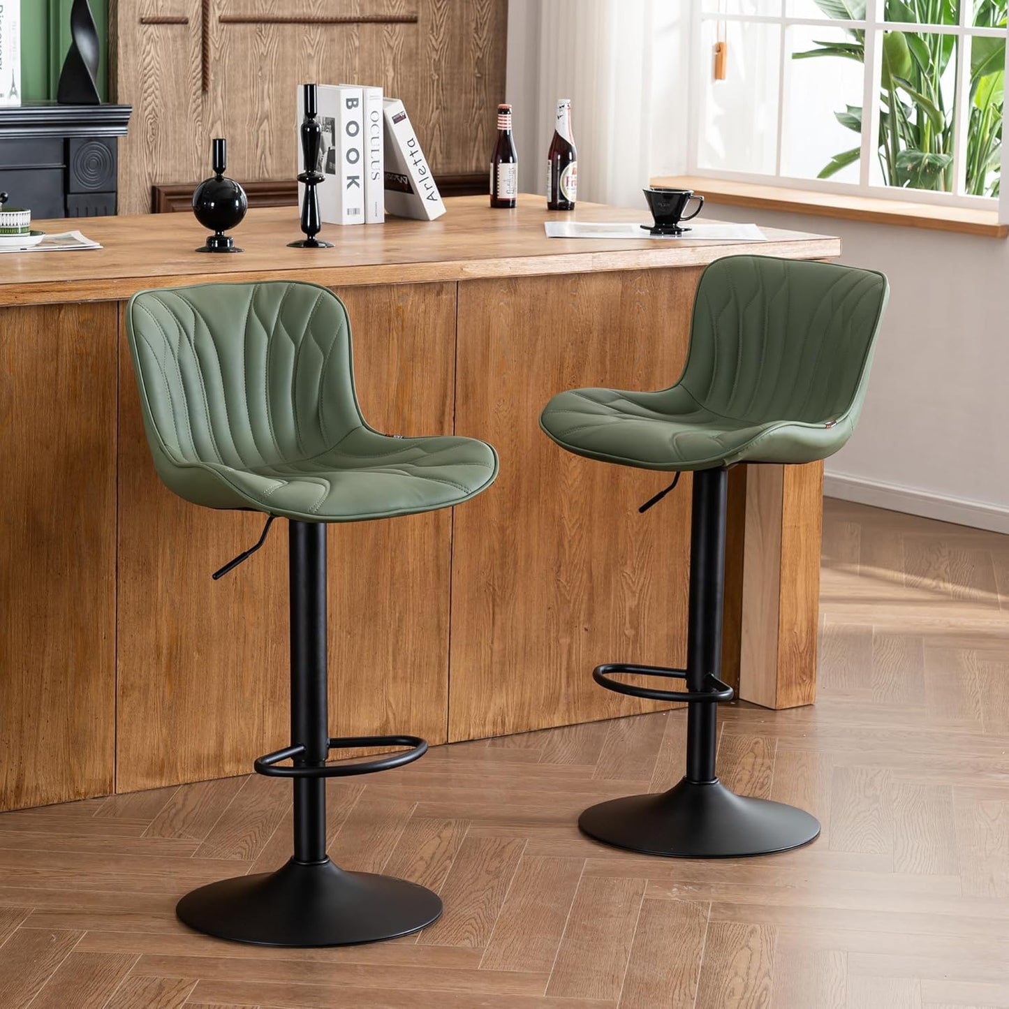 YOUNIKE Bar Stools Set of 2 Modern Swivel Counter Height Bar Chair with Back Adjustable Kitchen Island Faux Leather Padded Barstool Olive Green taburetes de bar Breakfast sillas para barra de cocina