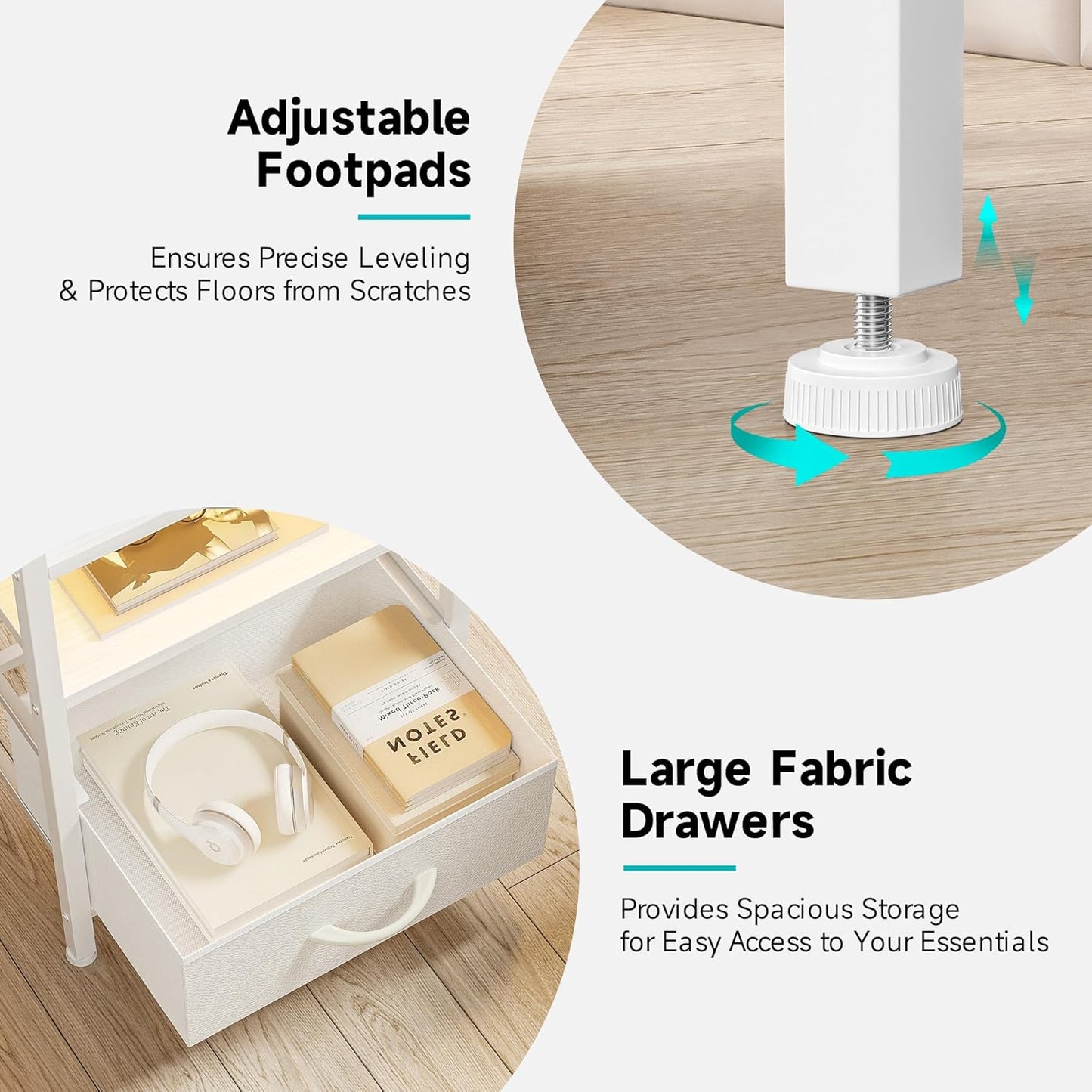 Night Stand Bedside Charger Bedroom - Nightstand with Charging Station, Bed Side Table with LED Light Strip, End Table with U-S-B Ports & AC Outlets, Storage Shelf & 3 Fabric Drawers, White