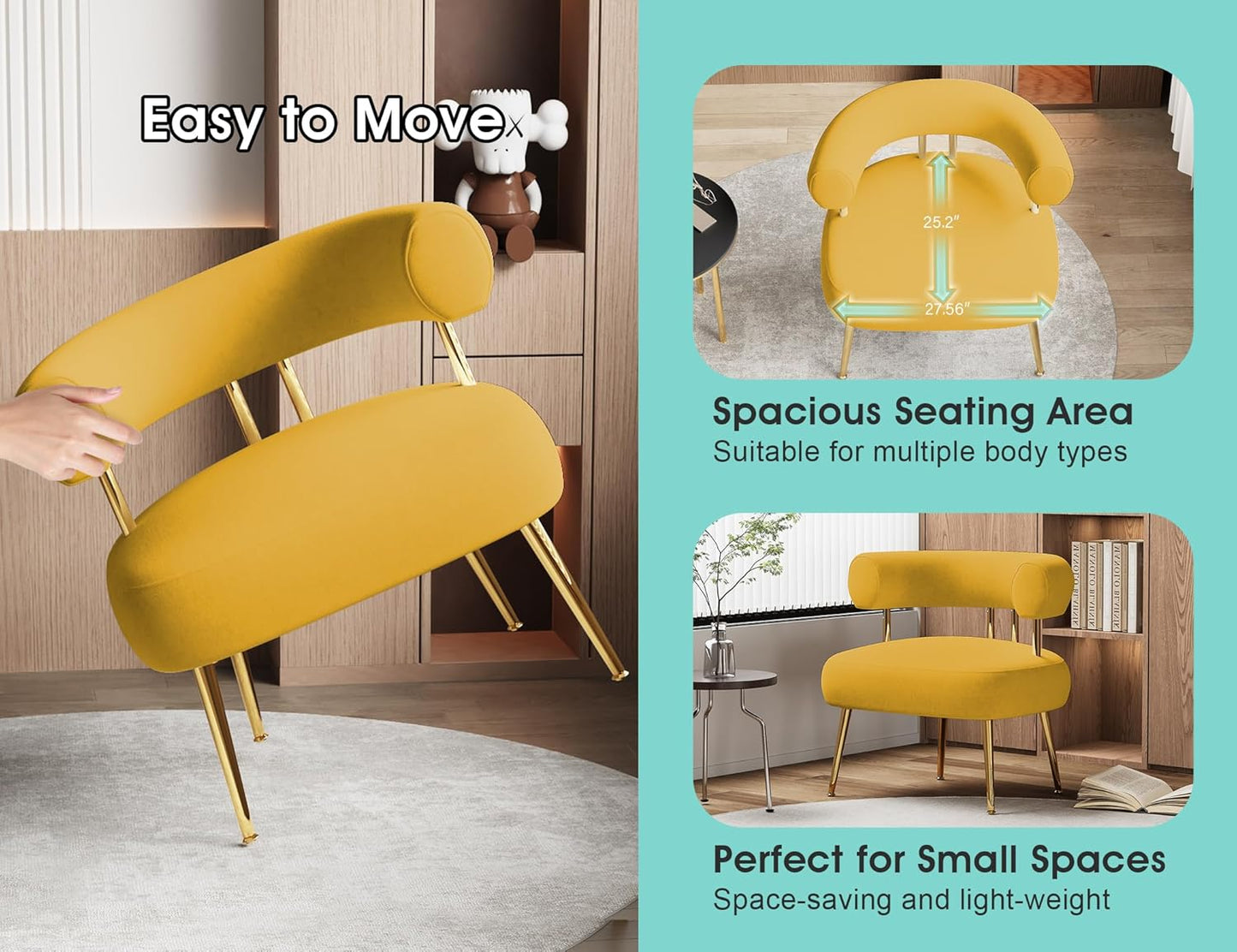 Modern Velvet Accent Chair, Round Upholstered Barrel Armchair for Small Spaces, Fluffy Side Corner Sofa Chair for Living Room, Bedroom(Yellow)