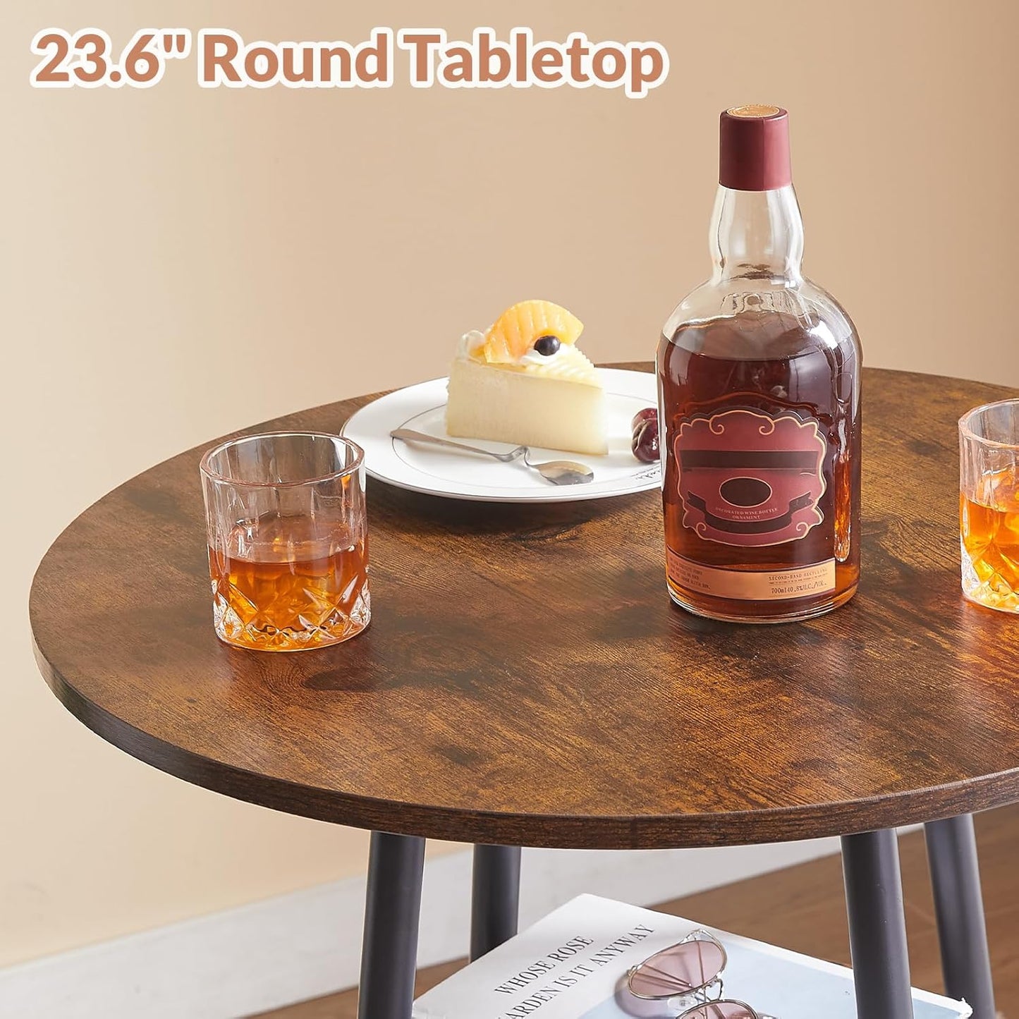 3 Pieces Round Bar Table and Chair Set, Small Dining Table for 2, Breakfast Table with Storage, Modern Kitchen Bar Table, 2 Upholstered Stools with Backrest for Dining Room & Bistro-Brown