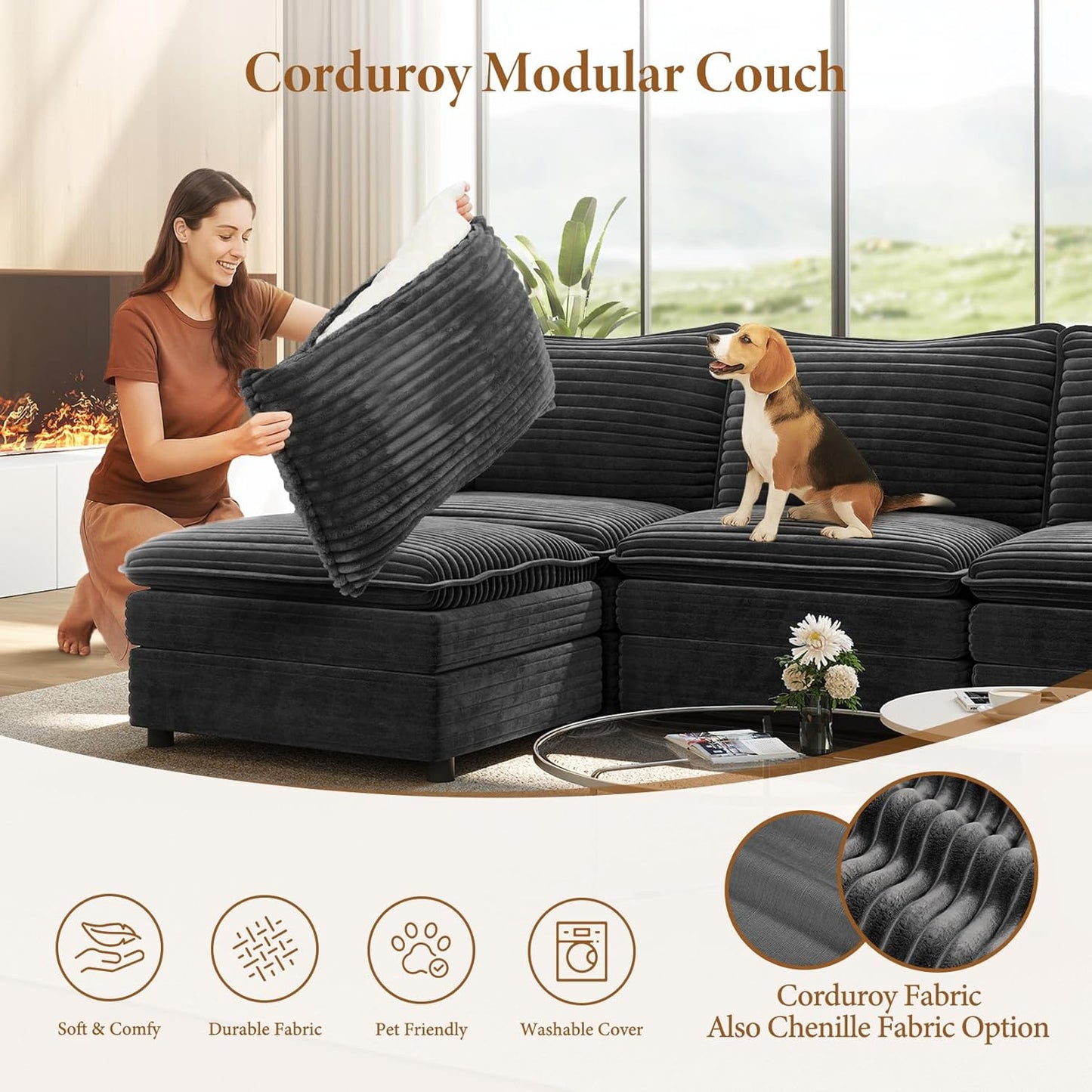 Vesgantti 108" Modular Sectional Sofa, Comfy Cloud Couch with Movable Ottoman Deep Seat Corduroy L Shaped Modular Sofa, Sectional Couches for Living Room, Bedroom and Apartment, Gray