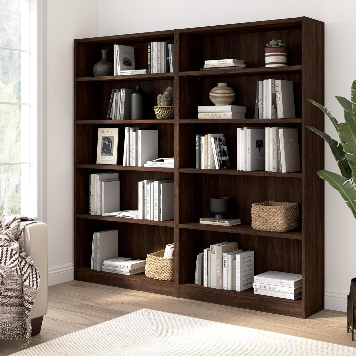 Bush Furniture Universal Tall 5 Shelf Bookcase in Black Walnut, Vertical Storage and Display Bookshelf for Home Office or Living Room Organization