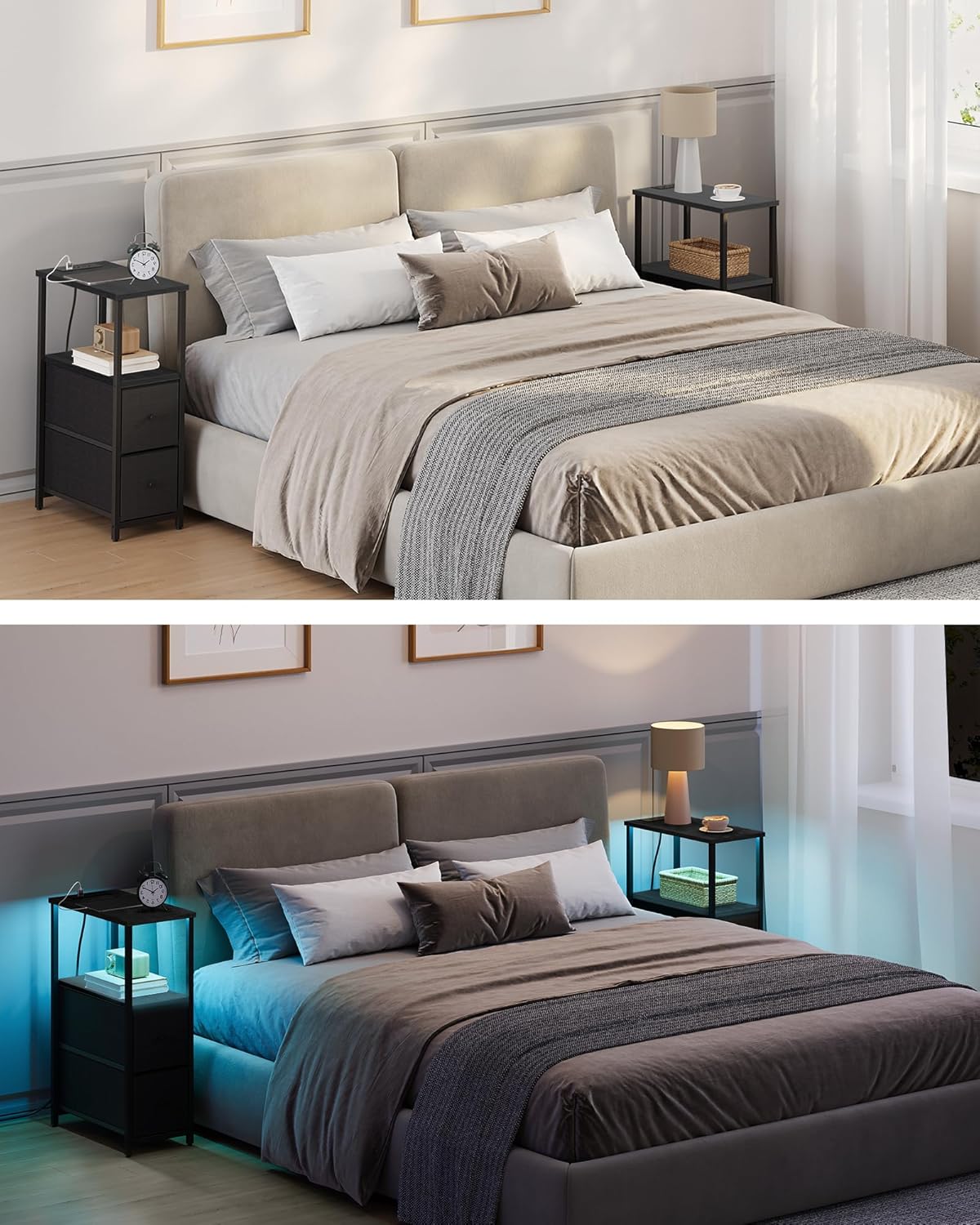 TUTOTAK Small Narrow LED End Table with Charging Station, Side Table Outlets, Nightstand with 2 Cloth Drawers, Couch Table, for Living Room, Bedroom, Bedside, Black TB01BK085L