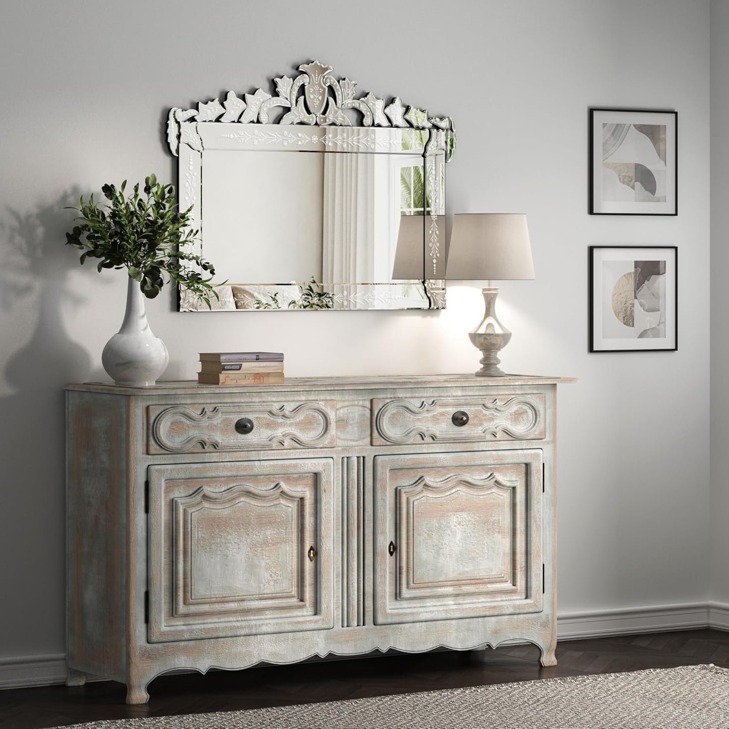 KOHROS Large Decorative Wall Mirrors for Living Room 41x31 Inch Venetian Wall Mirror with Ornate Crown, Etched Floral Design Beveled Edge Rectangle Decorative Mirror for Bedroom Dining Room Hallway