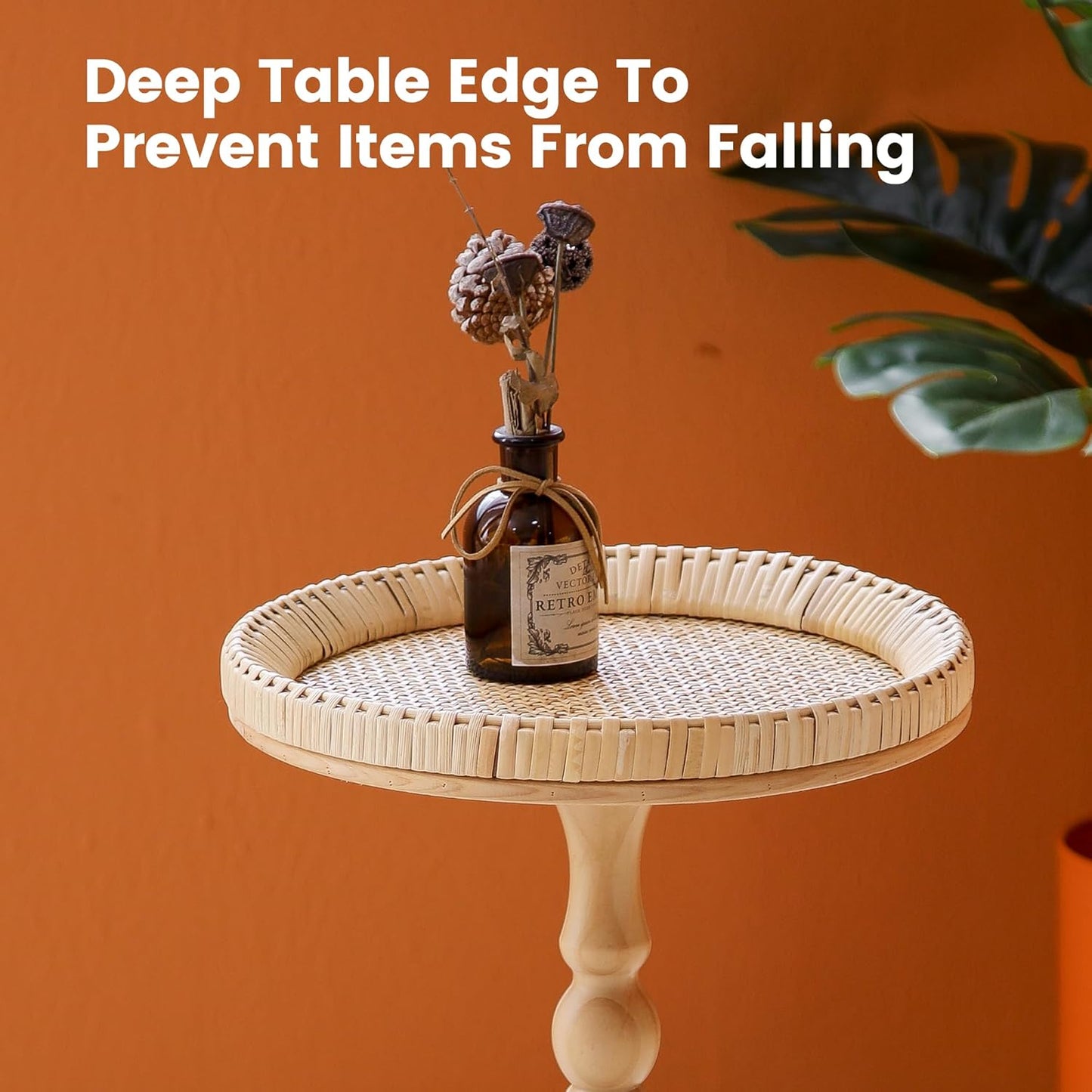 Drink Table,Rattan Round Small Side Table for Small Spaces, Boho Circle End Table Coffee Table with Solid Wood Leg for Living Room, Pedestal Table for Bedroom, Corners