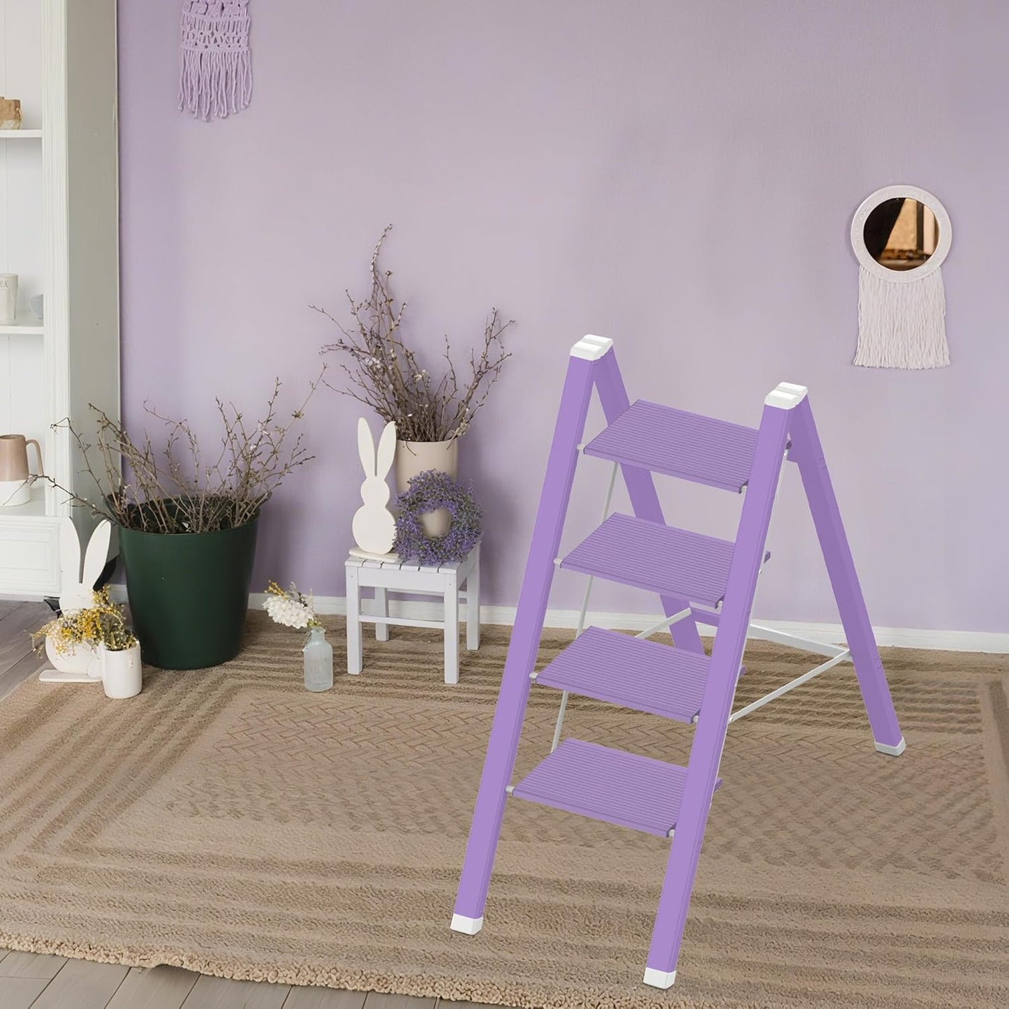 Lightweight Folding Step Ladder Household, Aluminum 4 Step Ladder Foldable for Home, Sturdy Step Stool for Adults 330 Lbs - Purple