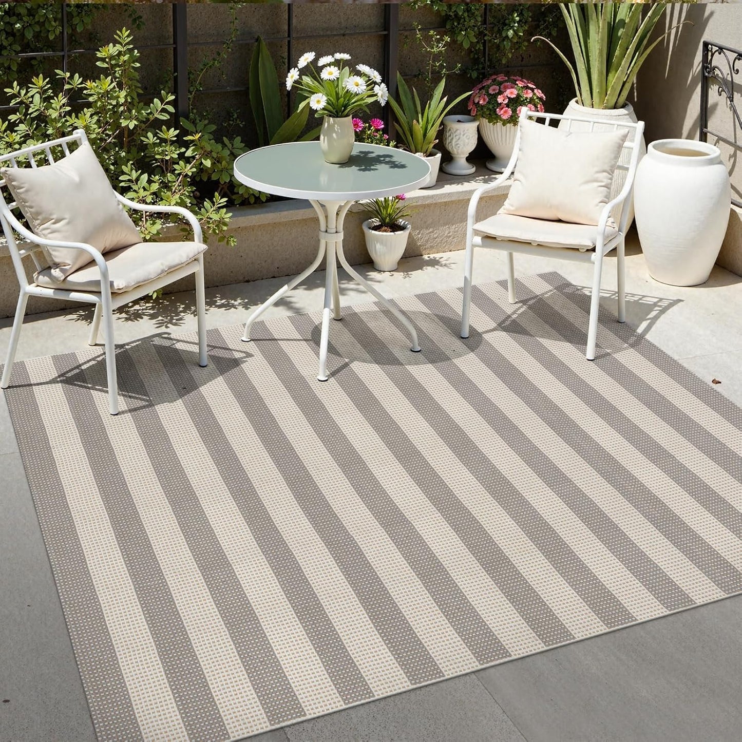 OJIA Outdoor Rug 5'x7' Striped Patio Rug Washable Indoor Outdoor Carpet Cotton Woven Outside Farmhouse Enrtyway Rug Large Area Rugs for Living Room Bedroom Backyard (Gray/White/Tan)