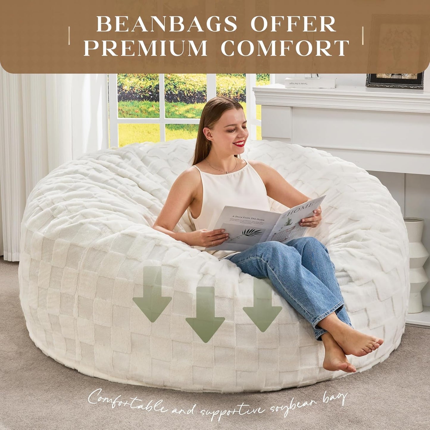 Hobestluk Bean Bag Chairs Beanbag Chair with Filler Adult Bean Bags with Fluffy Cover, Giant Bean Bag Chairs for Adults for Living Room, Bedroom (White, 5FT - 50” x 50” x 24”)