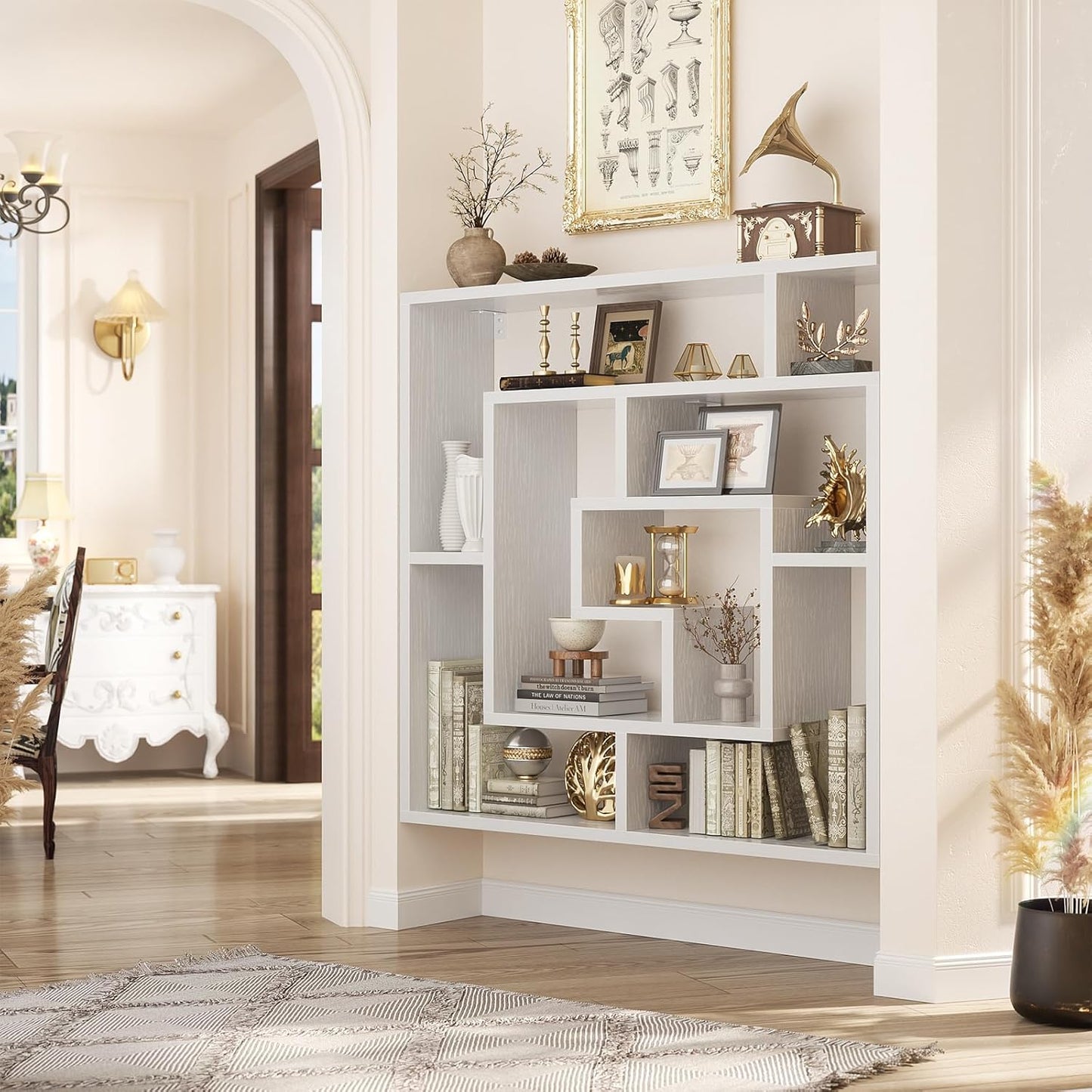 Armocity 6 Tier Display Book Shelf Wall Mounted Bookshelf Freestanding Geometric Bookcase Floating Book Shelves for Wall Bedroom Living Room Home Office, 45.5"(W) * 47"(H), White